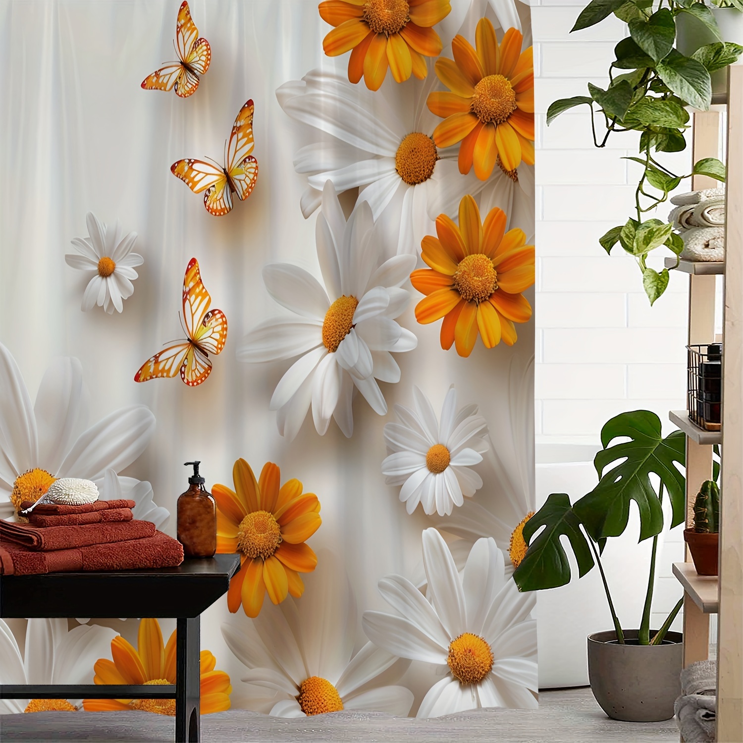 

1pc Daisy And Butterfly Print Pattern Shower Curtain, Waterproof Shower Curtain With 12 Hooks, Bath Curtain, Bathroom Partition, Room Decoration, Machine Wash Window Bathroom Decoration