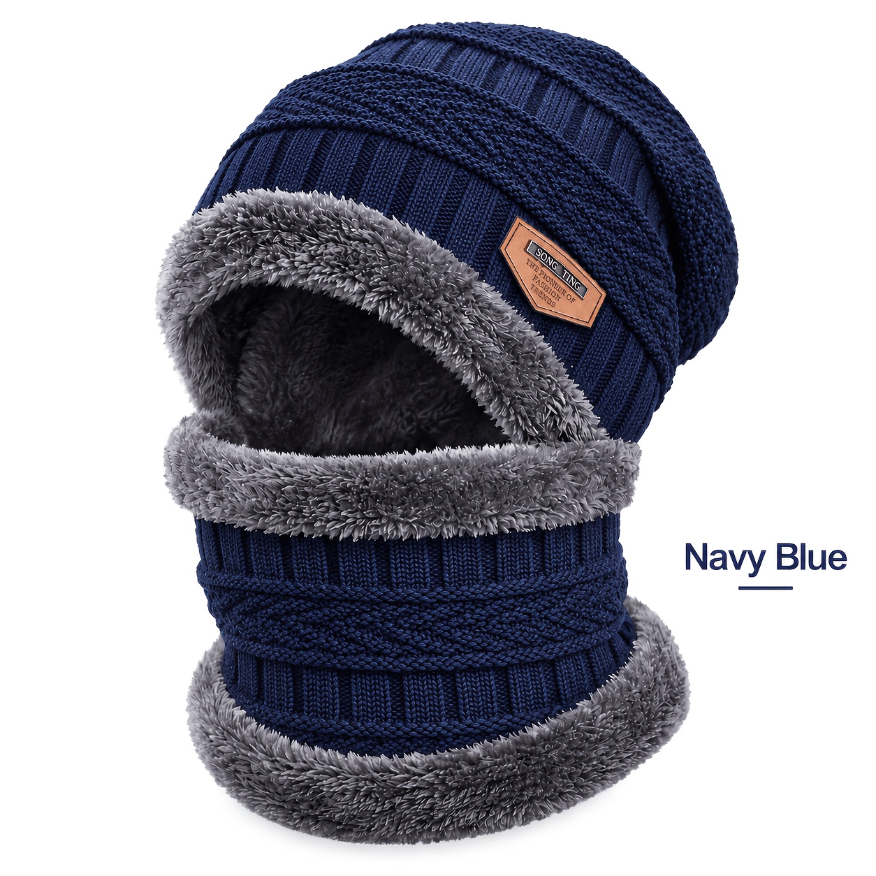 TEMU 2pcs (1pc Hat And 1pc Scarf) Unisex Winter Cold Protection Hat And Neck Warmer Set, Fleece Lined Thick Ear Cover Beanie, Versatile Comfortable