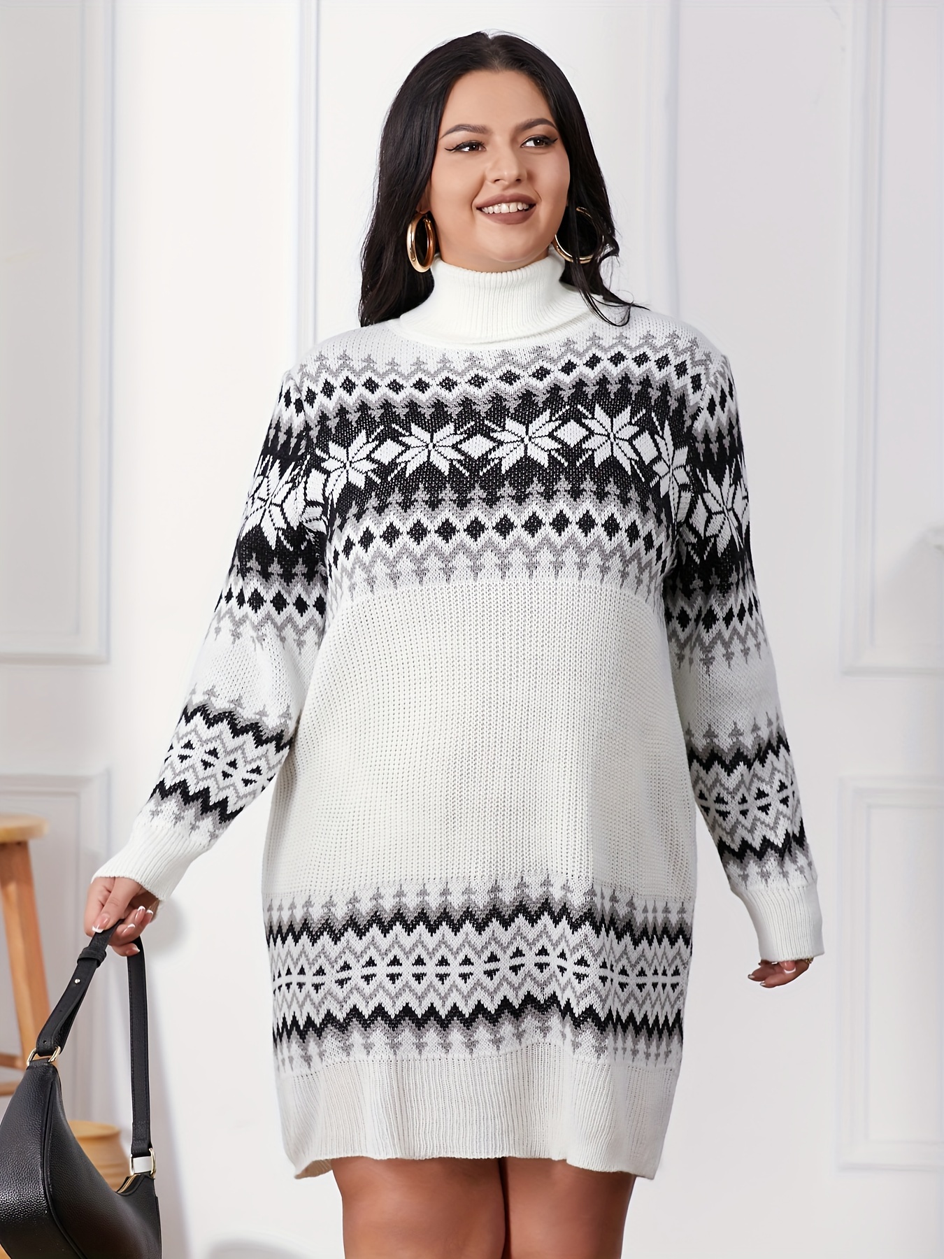 Roll Neck Jumper Snowflake Jumper Dress Plus Size Snowflake