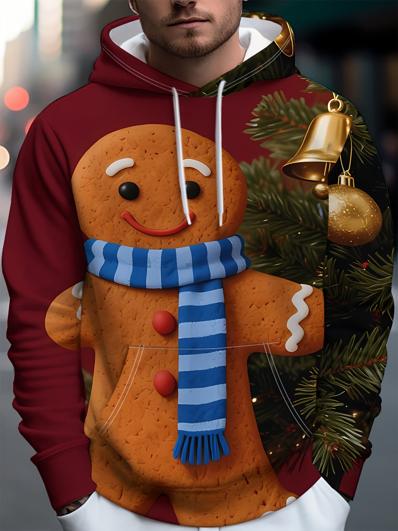 item picture mens hooded sweatshirt red gingerbread man print christmas bell pattern festive party casual everyday wear print design not textured