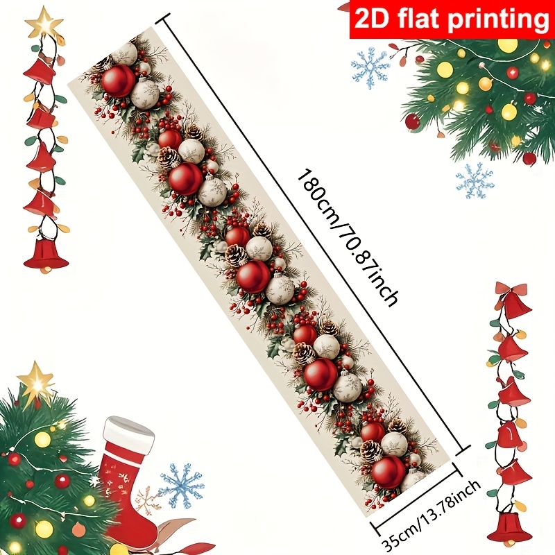 TEMU 1pc, Merry Christmas Table Runner, Christmas Ball Pine Branch Pattern Tablecloth, Christmas Atmosphere Table Runner, Holiday Desktop Decoration