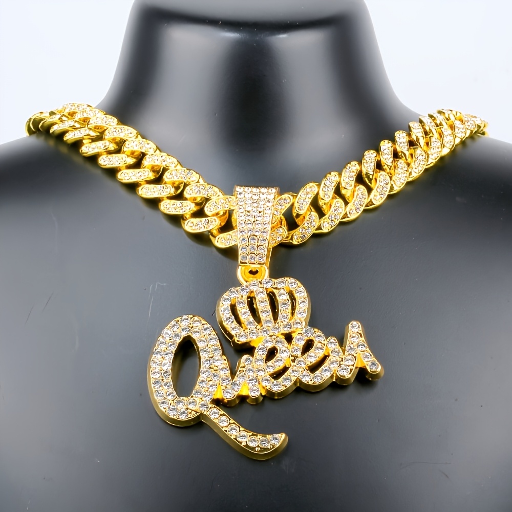 TEMU 1pc Shiny Cuban Necklace For Women Queen Pendant With Ice Cuban Chain Miami Necklace For Women Hip Choker Necklace Jewelry Gift