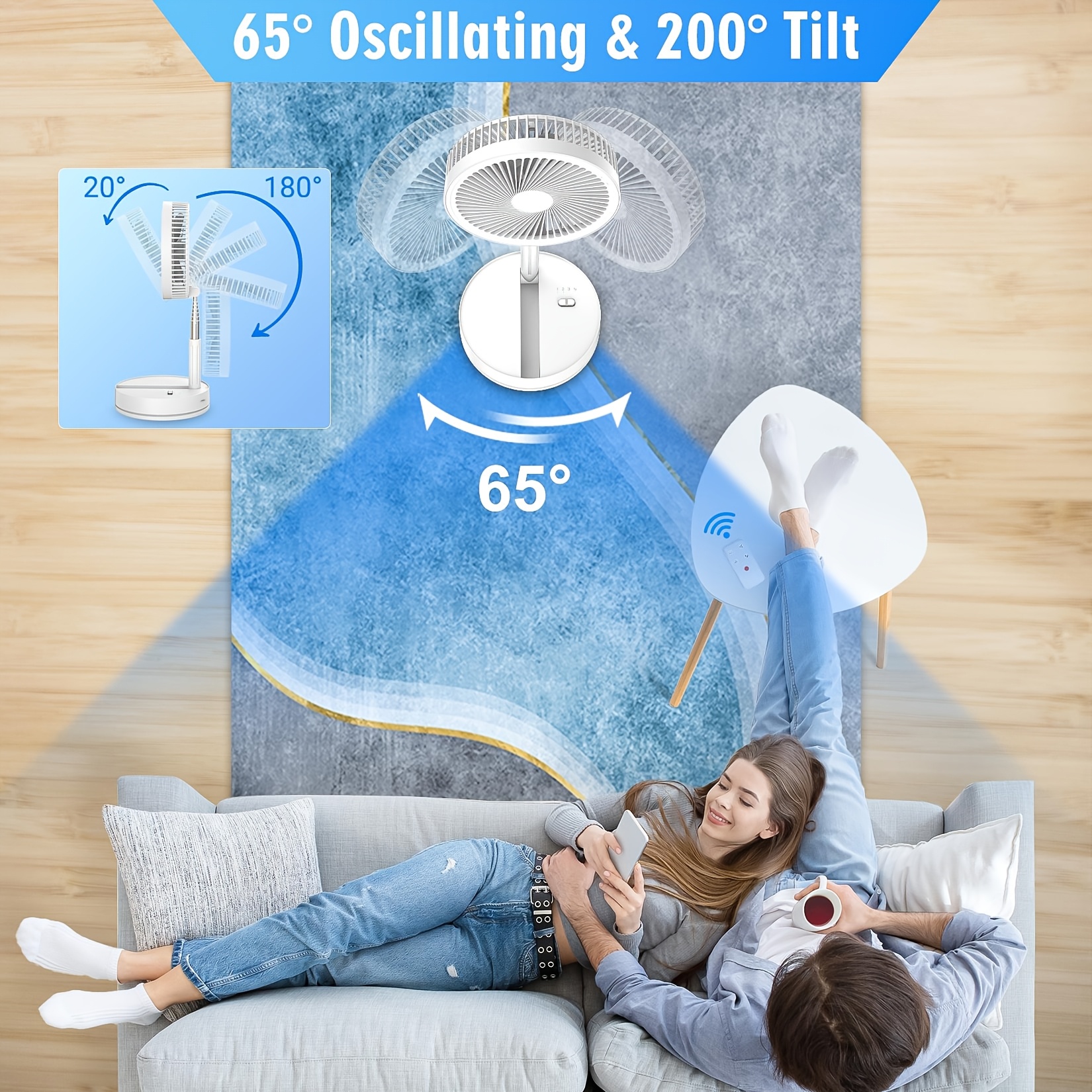USB Mini Fan, 8000mAh, Multiple Wind Speed Modes, Remote-Controlled Oscillation, Foldable Desktop Fan, Standing Fan with Foot Pedestal, Suitable for Bedrooms, Travel, and Camping