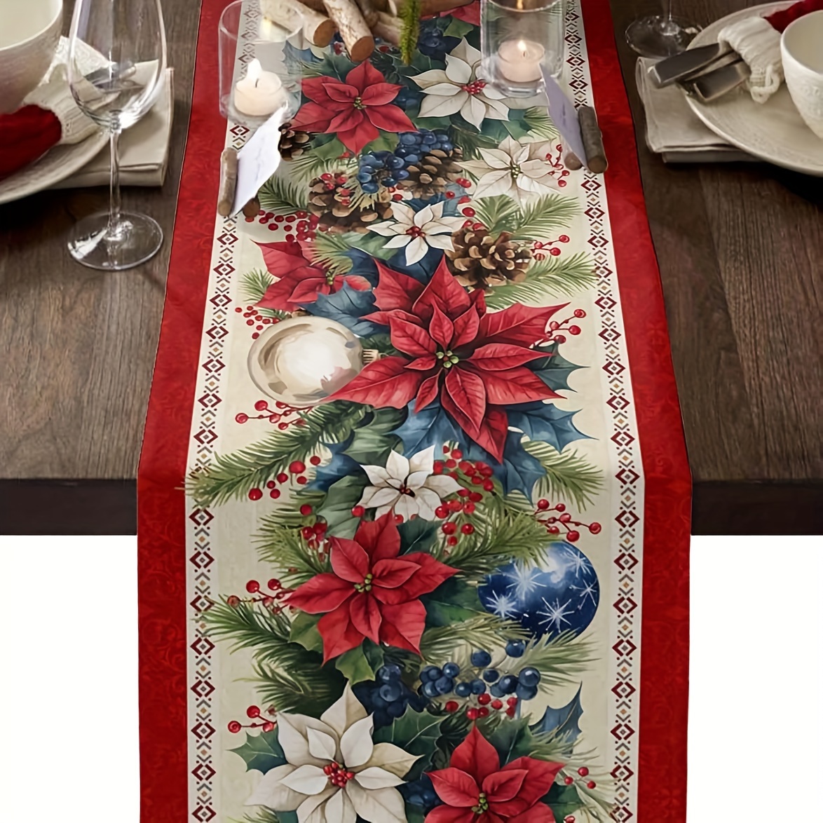 TEMU de Mesa de Lino con Poinsettia Navideña - , Decoración Festiva de Invierno para Comedor y Cocina