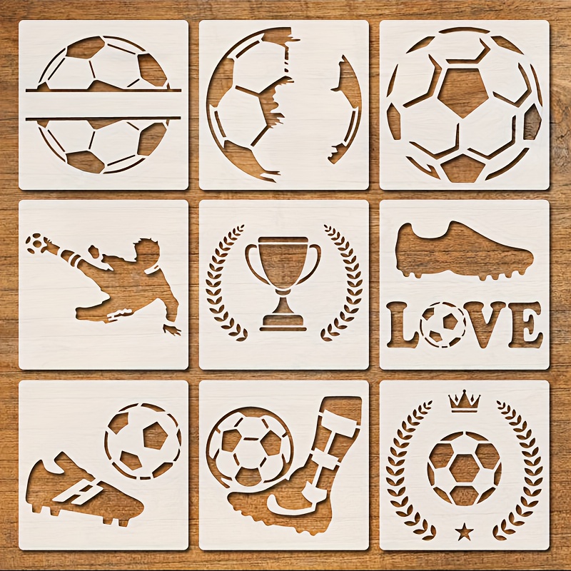 9 kos nogometnih DIY šablon, 5-palčne ponovne uporabne barvne predloge za nogomet, pokal, igralca, zvezde na platnu, lesu, kamnu - popolno za