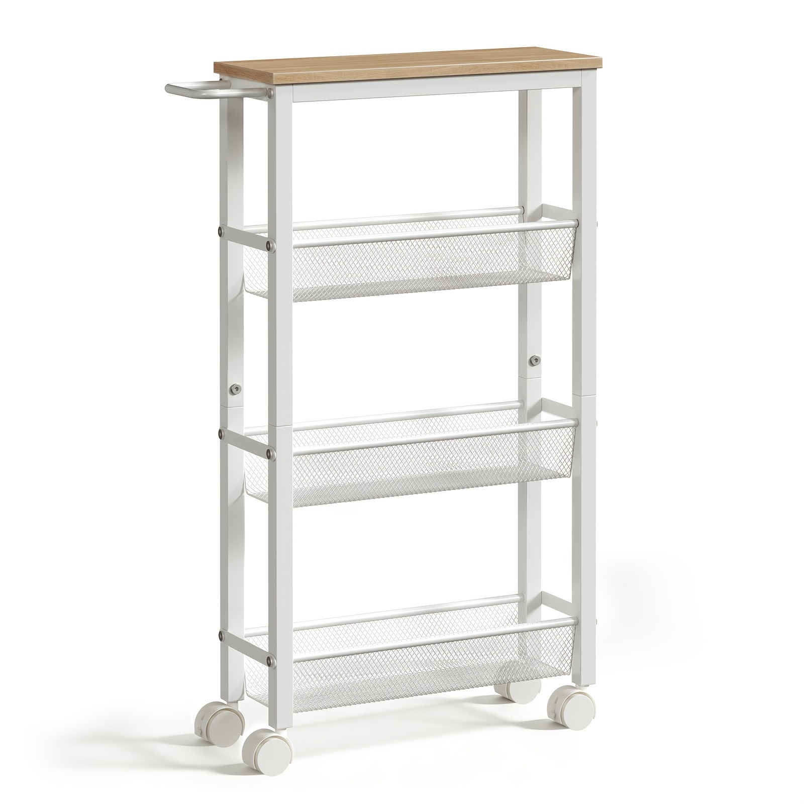 Image of 4-layer Kitchen Trolley | Narrow Service Cart With 360-degree Rotating Wheels And Railings, Golden Metal Frame, For Kitchen, Bathroom, Living Room, White - Hoobro