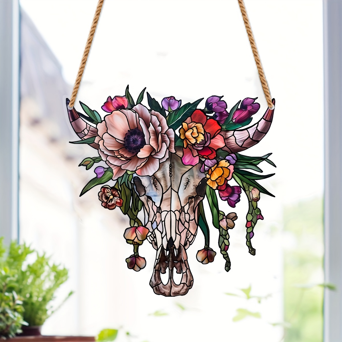 

1pc, Boho Cow Stained Window Hanging, Colorful Flowers Stained Suncatcher Window Hanging, Indoor Outdoor Home Decor Garden Decoration
