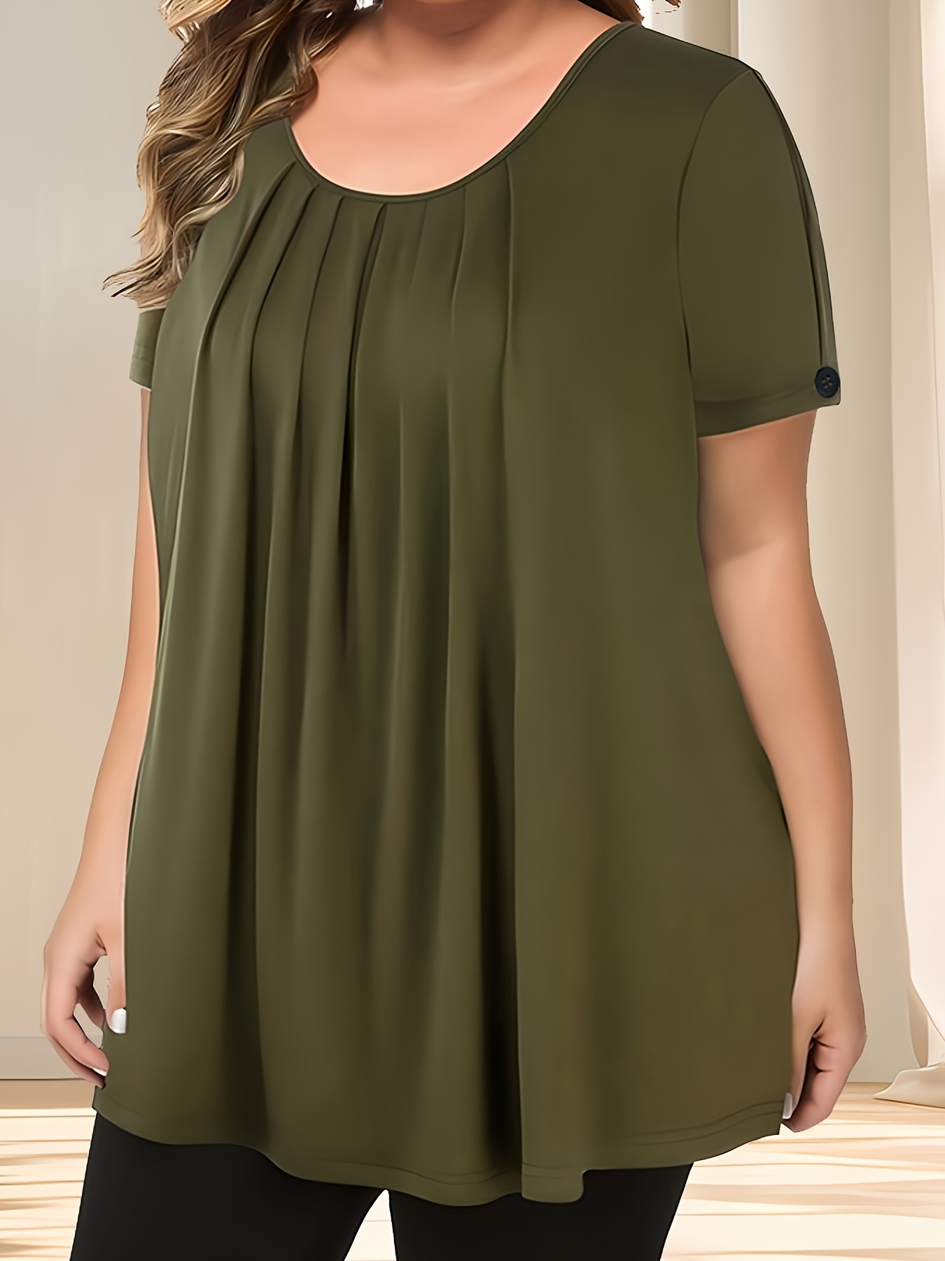 Women'S Casual Crew Neck Short Sleeve Blouse, Solid Color Plus Size, Lightweight Polyester with Subtle Stretch, Flared Hem, Spring/Summer Fashion Top, Casual Wear Blouse | Elegant Plus Size | Simple Eleganc