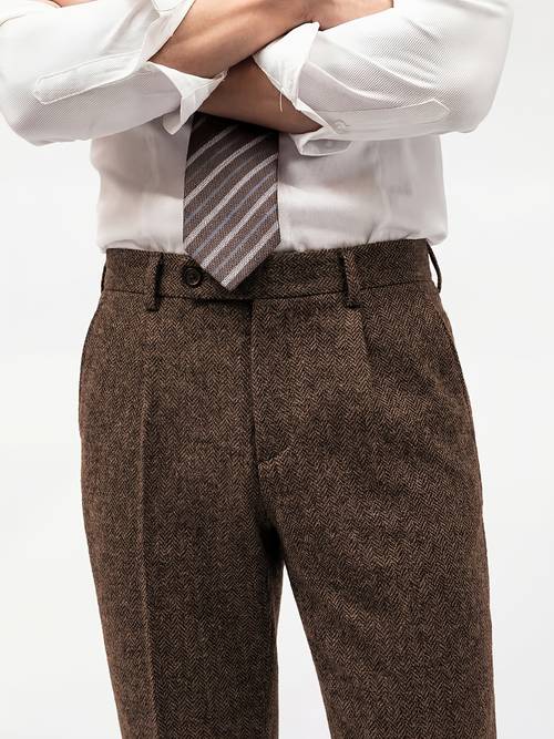 mens vintage herringbone tweed wool blend wide leg dress pants formal and semi formal winter trousers with zipper closure office and casual attire classic herringbone tweed pattern