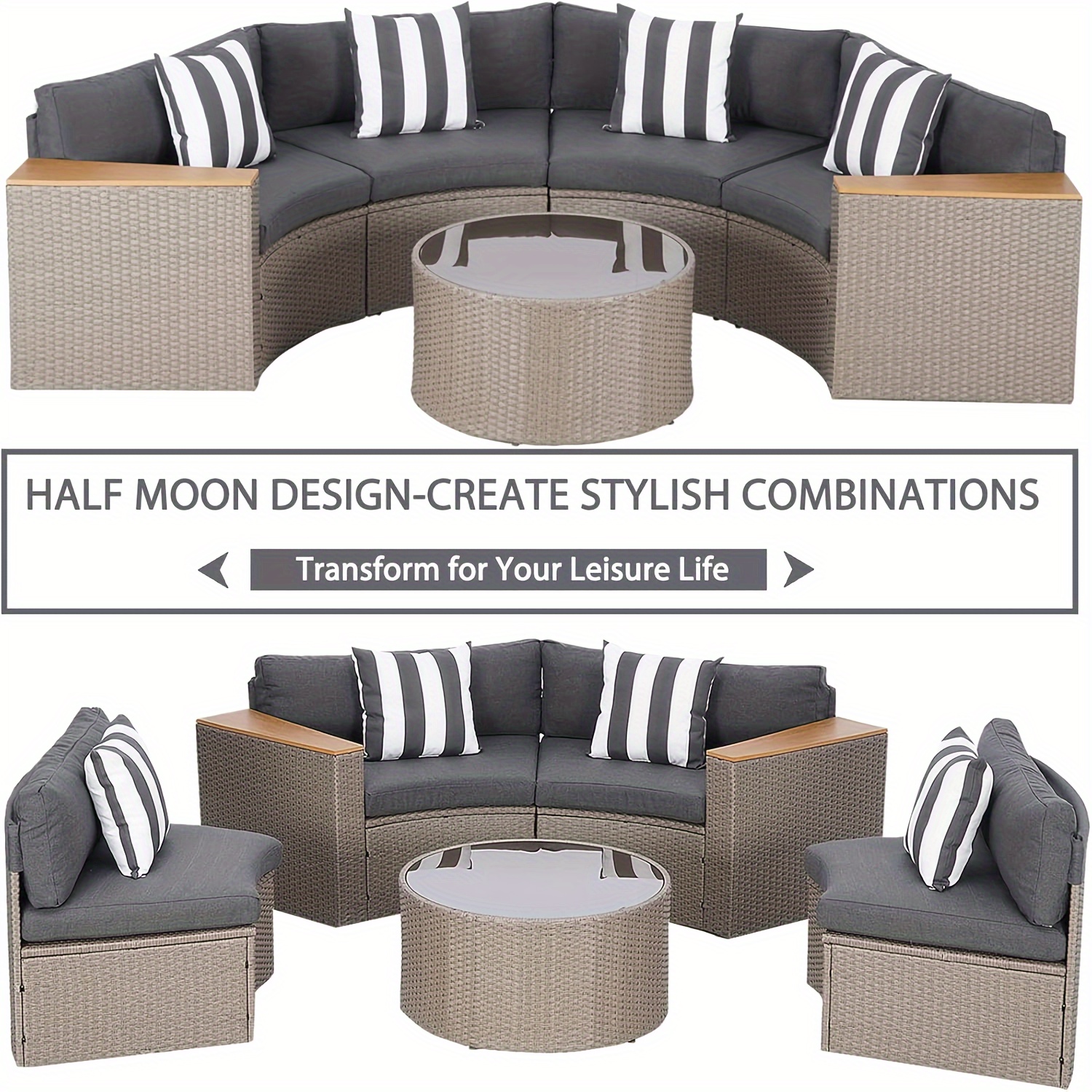 Outdoor Half Moon Patio Furniture 5pcs Curved Outdoor Sofa, All-Weather Outdoor Sectional Furniture Patio Conversation Sets with Round Tempered Glass Top Table with Cushion
