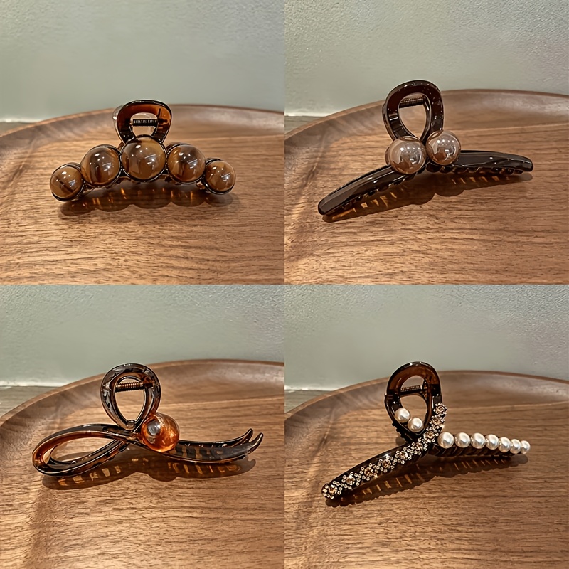 TEMU 4pcs Elegant High-end Claw Clip Set, Beaded 4pcs Hair Clip Combination, Women's Versatile Non-slip Shark Clips For Back-of-head Updos, Suitable