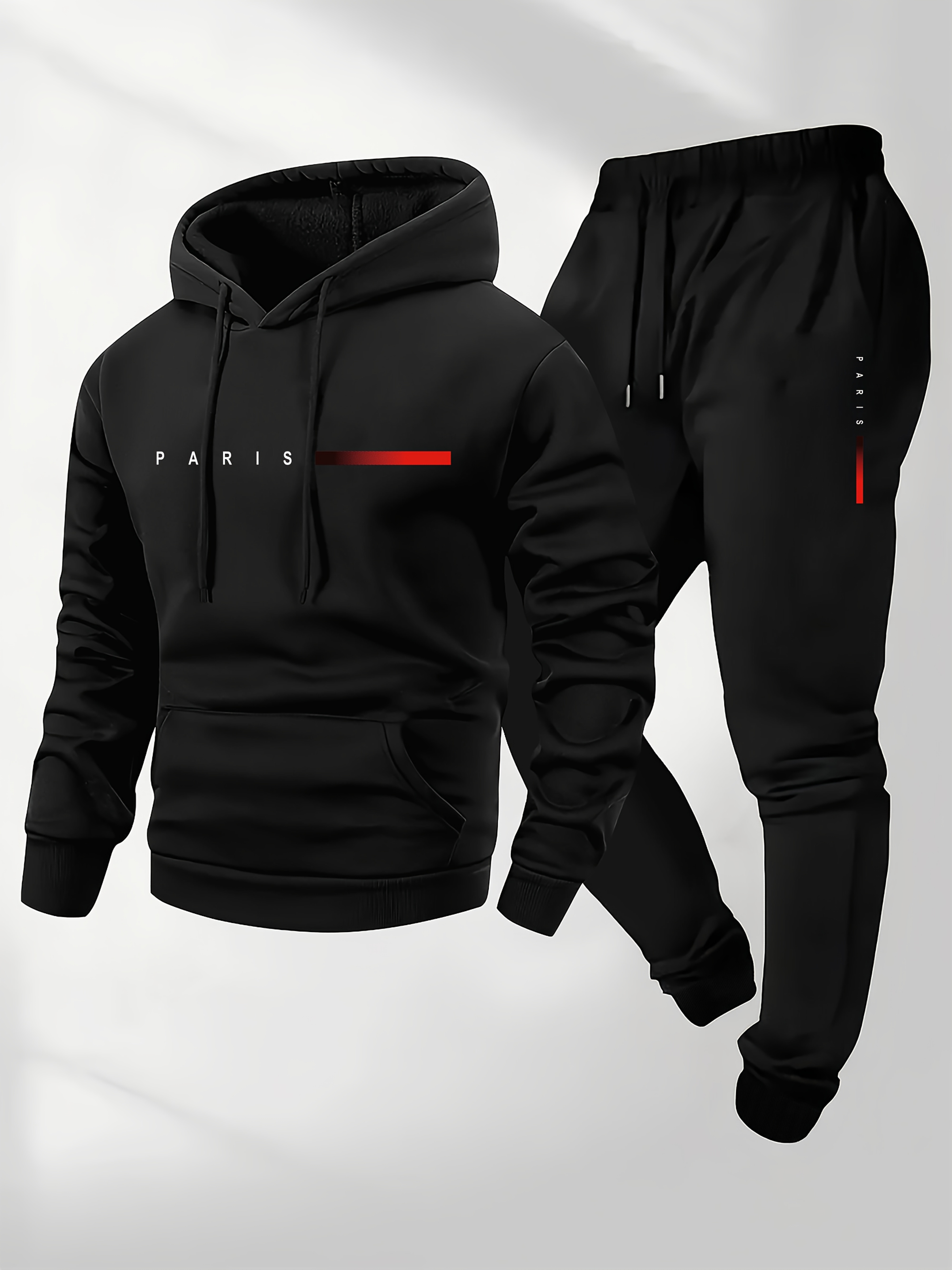 Men'S Casual Paris Letter Hoodie & Joggers Set - Gray Drawstring Pullover with Red Accents, Loose Fit, Long Sleeve, Fall/Winter Collection, Comfortable Clothing|Casual Style|Stretch Fabric