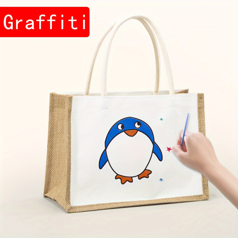 

Women' Tote Bag With Jute Handles - Penguin Graffiti Design, Ideal For Shopping, Parties, And Crafts, Fixed Shoulder Straps, , Unlined, Novelty Purse