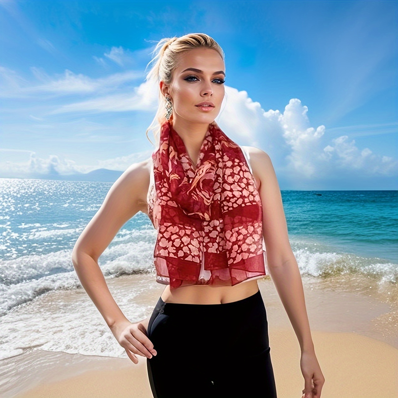 

Vibrant Rose Printed Chiffon Scarf, Summer Thin Chiffon Scarf For Women