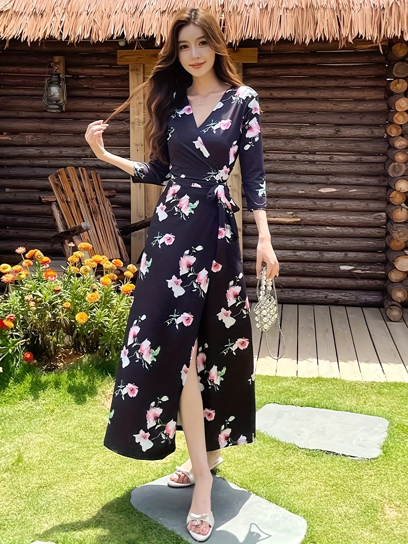 women's french vintage v neck wrap dress floral print black Temu - Main Image