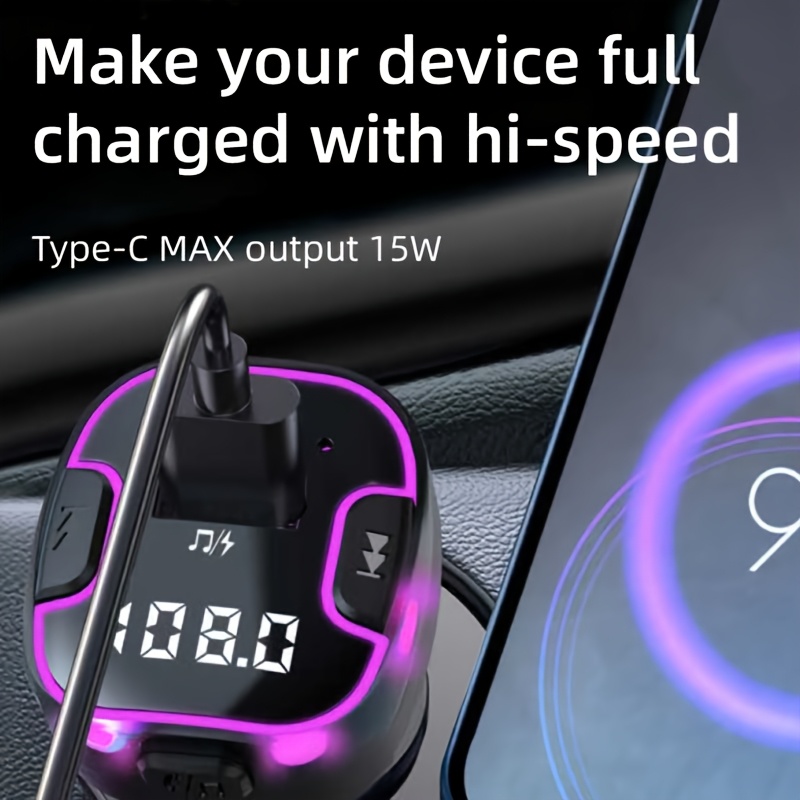 Car Wireless Transmitter with Ambient Light, V5.3 Wireless Technology, 7-Color RGB Display, Hands-Free Calling, Universal Car Charger Adapter, Automotive Charging Accessory, Sleek Gadget Design, Smooth Finish