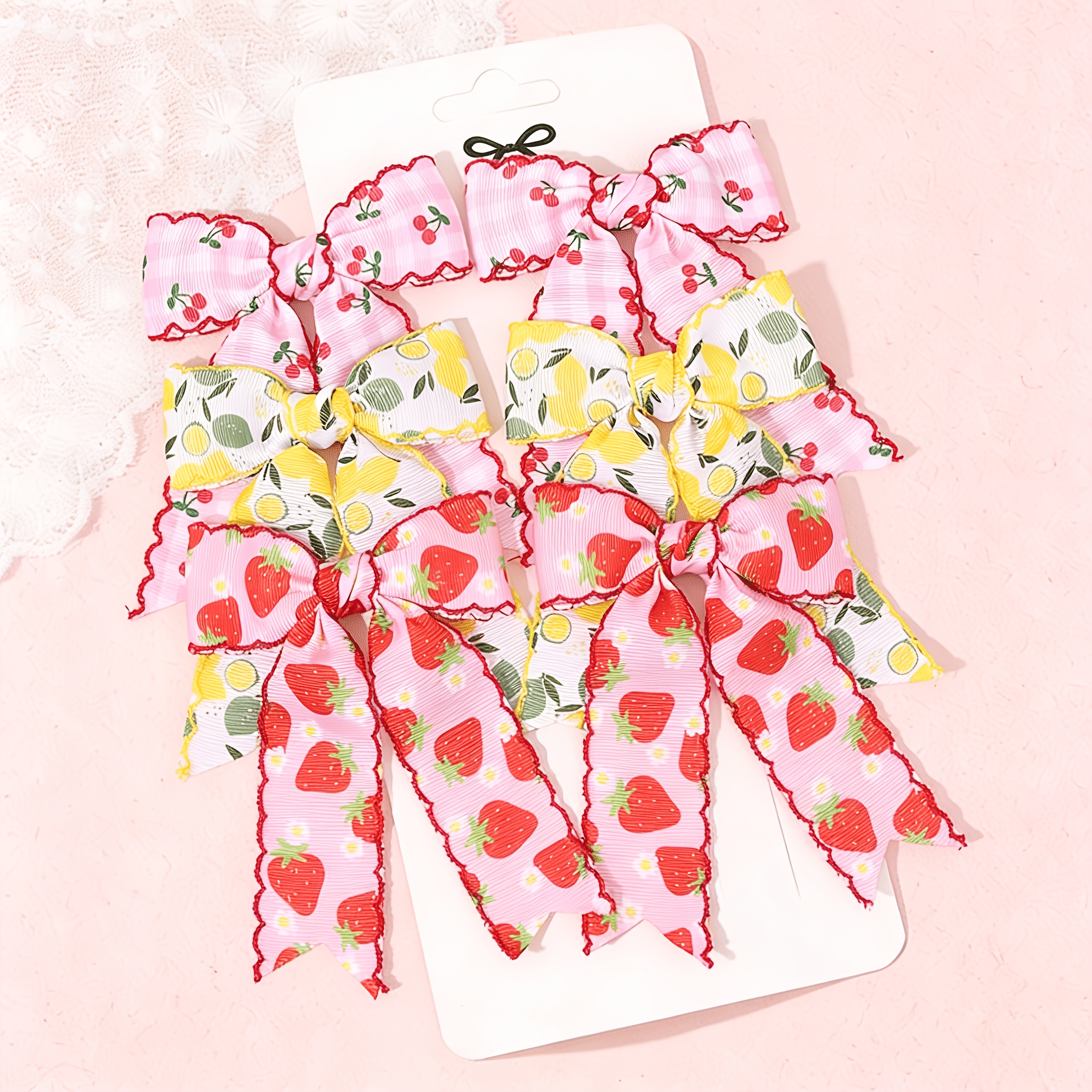 TEMU 6pcs Adorable Fruit Pattern Hair Bows For Women Cherry Lemon & Strawberry Decor Long Tail Ribbon Polyester Barrettes Spring Summer Outfits &
