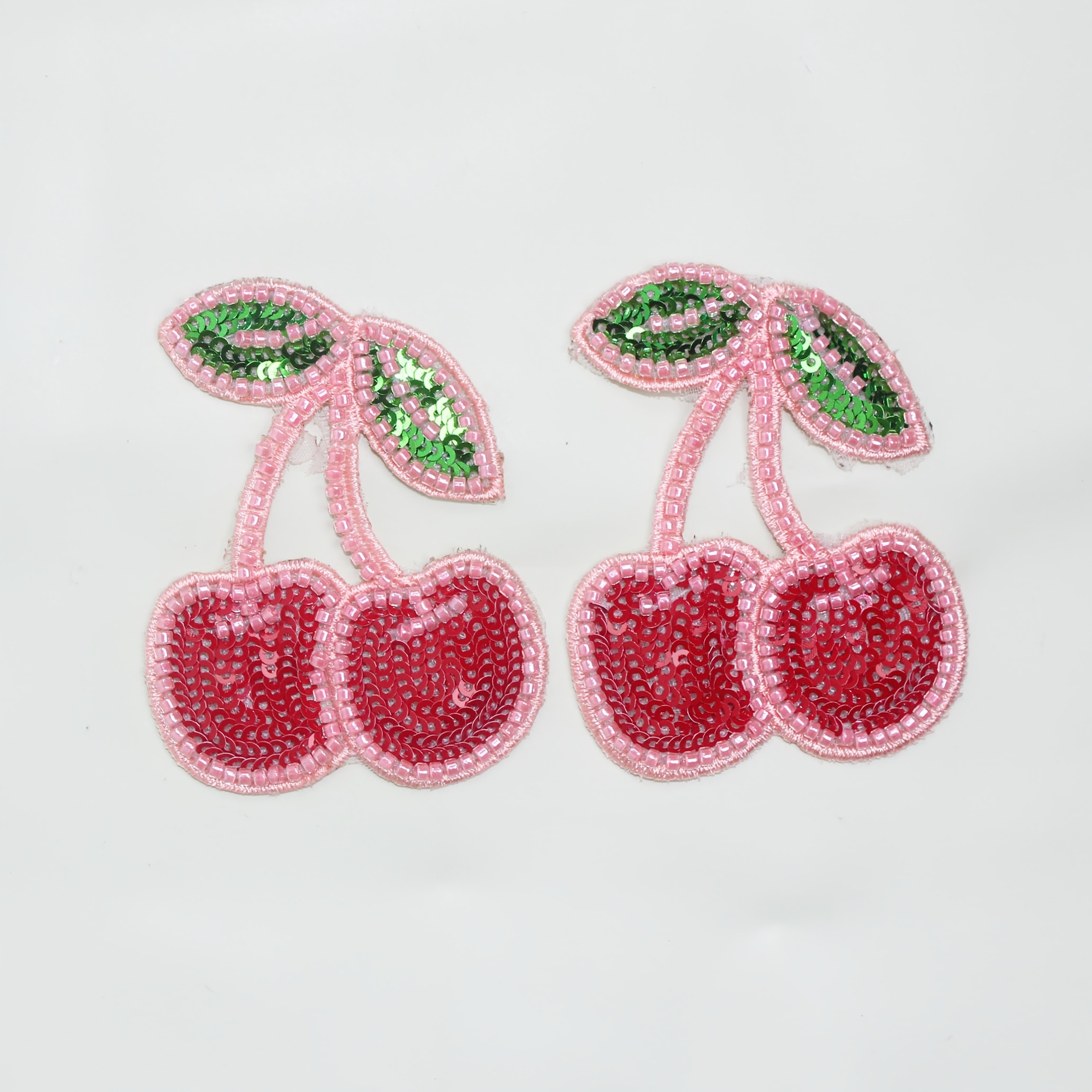 2pcs Of Red Large Cherry With Green Leaf Bead Embroidery Non-adhesive Patches, For Clothing, Shoes, Hats, Bags, And Hair Accessory Appliques