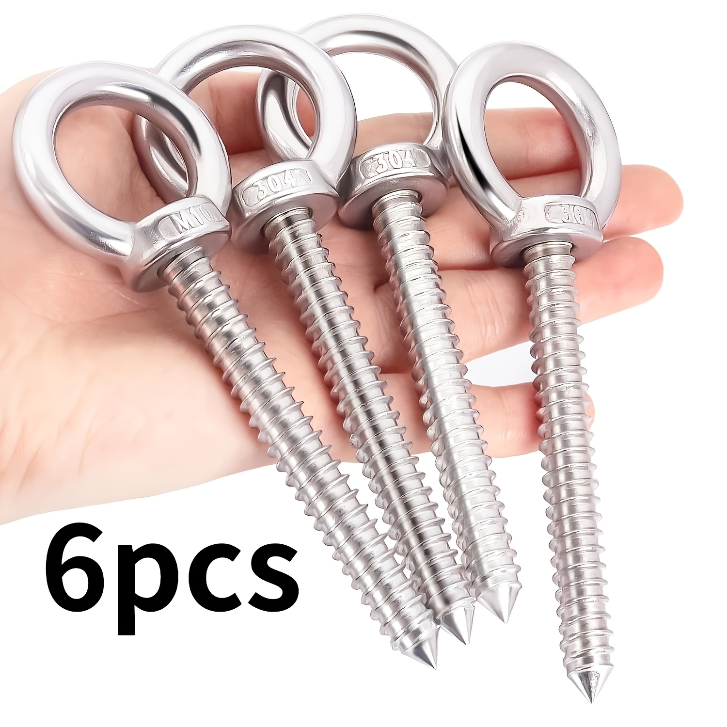 TEMU 6pcs Heavy Duty 304 Stainless Steel Self-tapping Eye Bolts, Silvery Eye Hooks, Metal Spiral Ceiling Hooks, M5x80 Thread - Suitable For Cork
