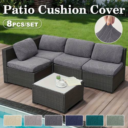8pcs elastic large leaf jacquard pool cushion covers reusable and easy to clean fits chairs and sofas