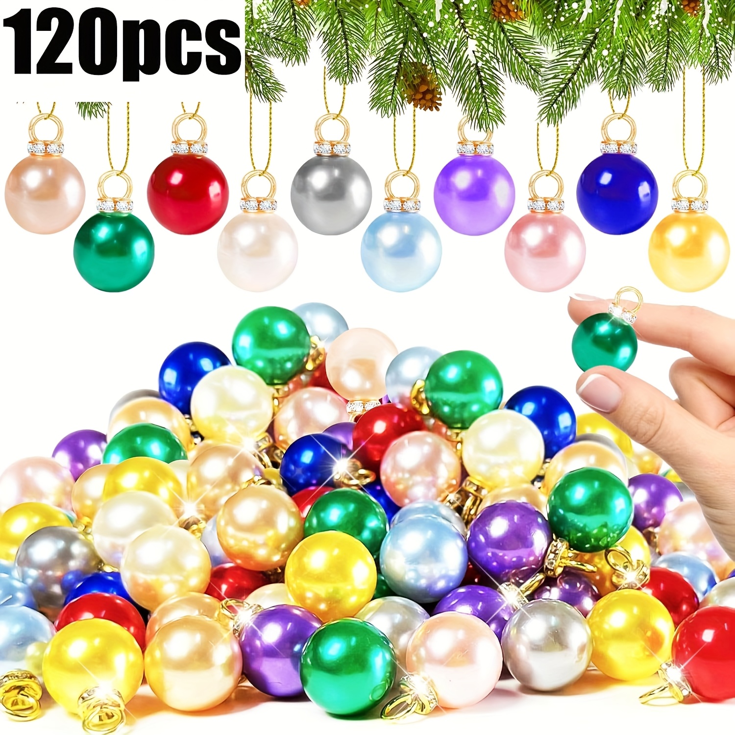 Image of 120pcs Mini Christmas Ornament Beads, 12mm Micro Shiny Balls, Christmas Tree Hangings And Pendants, Craft Supplies, Random 10 Colors - Pearl-like , Red Green Golden, Retro Plastic Balls With Rings