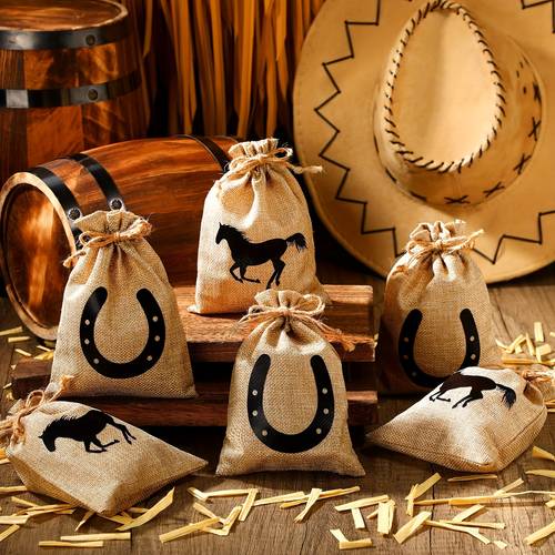 gift for her him set of 5 burlap bags with a western cowboy theme drawstring gift bags party packaging and storage ideal for cowboy themed birthday party gift storage