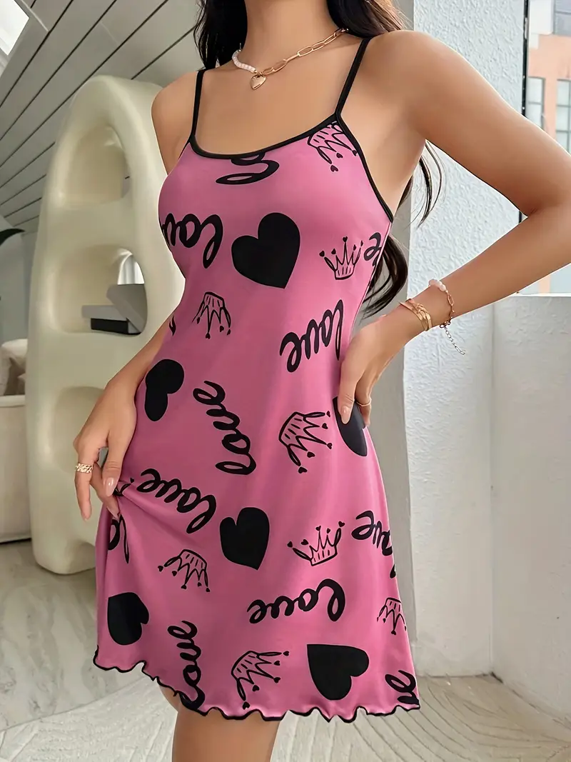 womens heart crown letter trim sleepwear dress round neck backless slip dress comfortable nightgown details 0