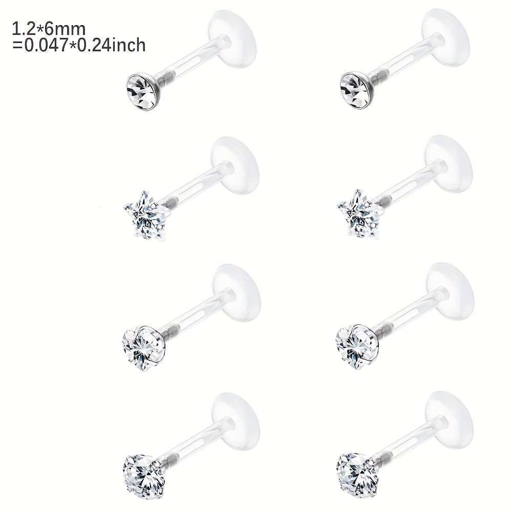 Image of 8pcs 16g Acrylic Elegant Cartilage Stud Earrings, 6mm 8mm 10mm Barbell Body Piercing Jewelry With Synthetic Zirconia For Men And Women, Daily And Party Wear