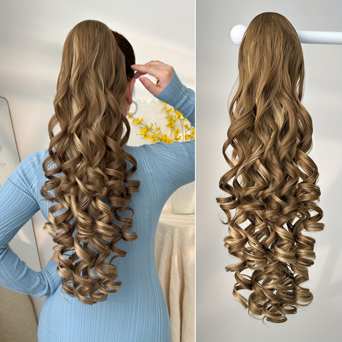 TEMU Extensiones de pelo con clip y cordón para coleta, negro, marrón, multicolor, parche de pelo sintético profunda de 28 pulgadas, adecuado para