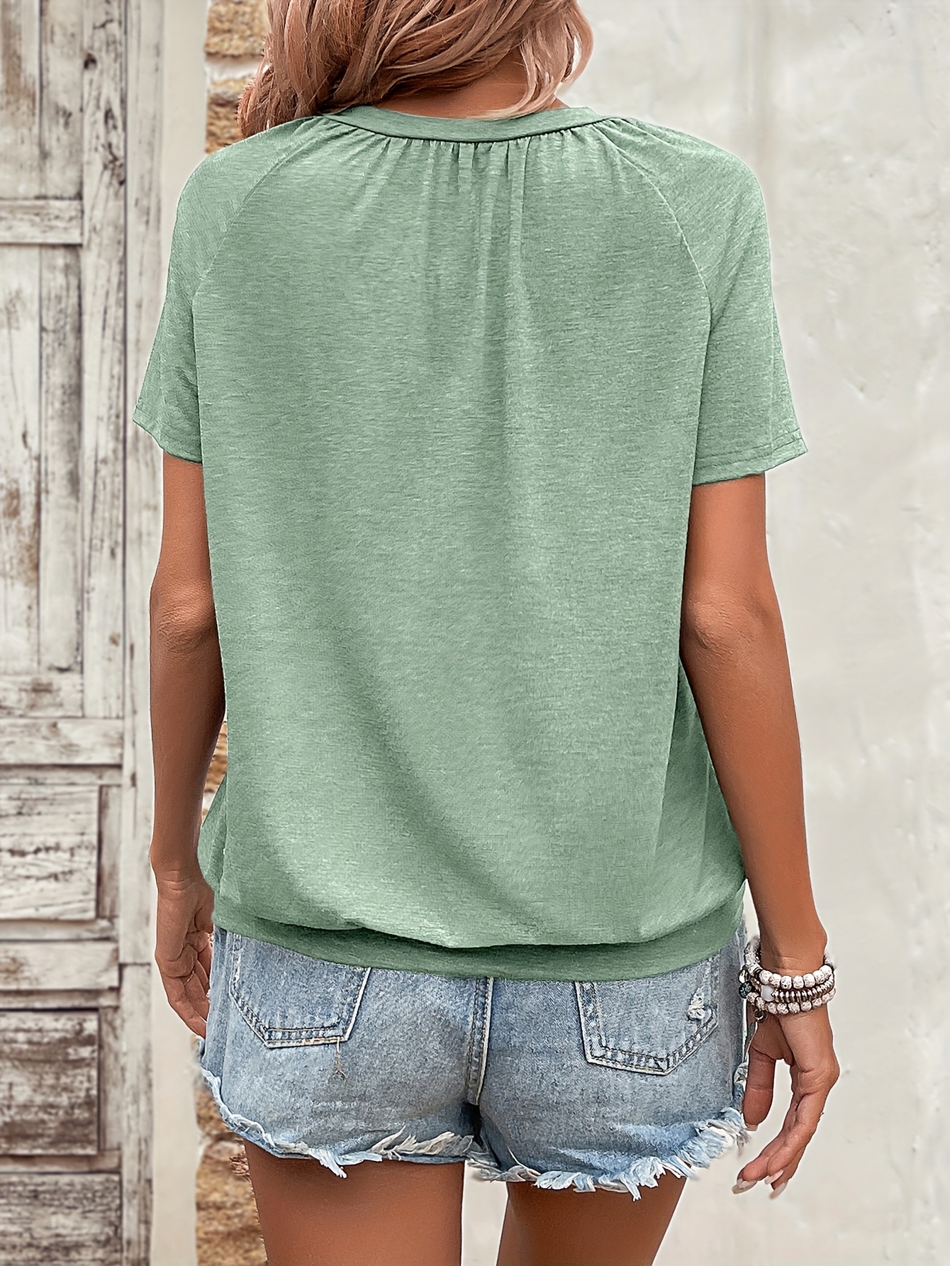 Solid Color V Neck T-Shirt, Casual Short Sleeve T-Shirt For Spring & Summer, Women's Clothing