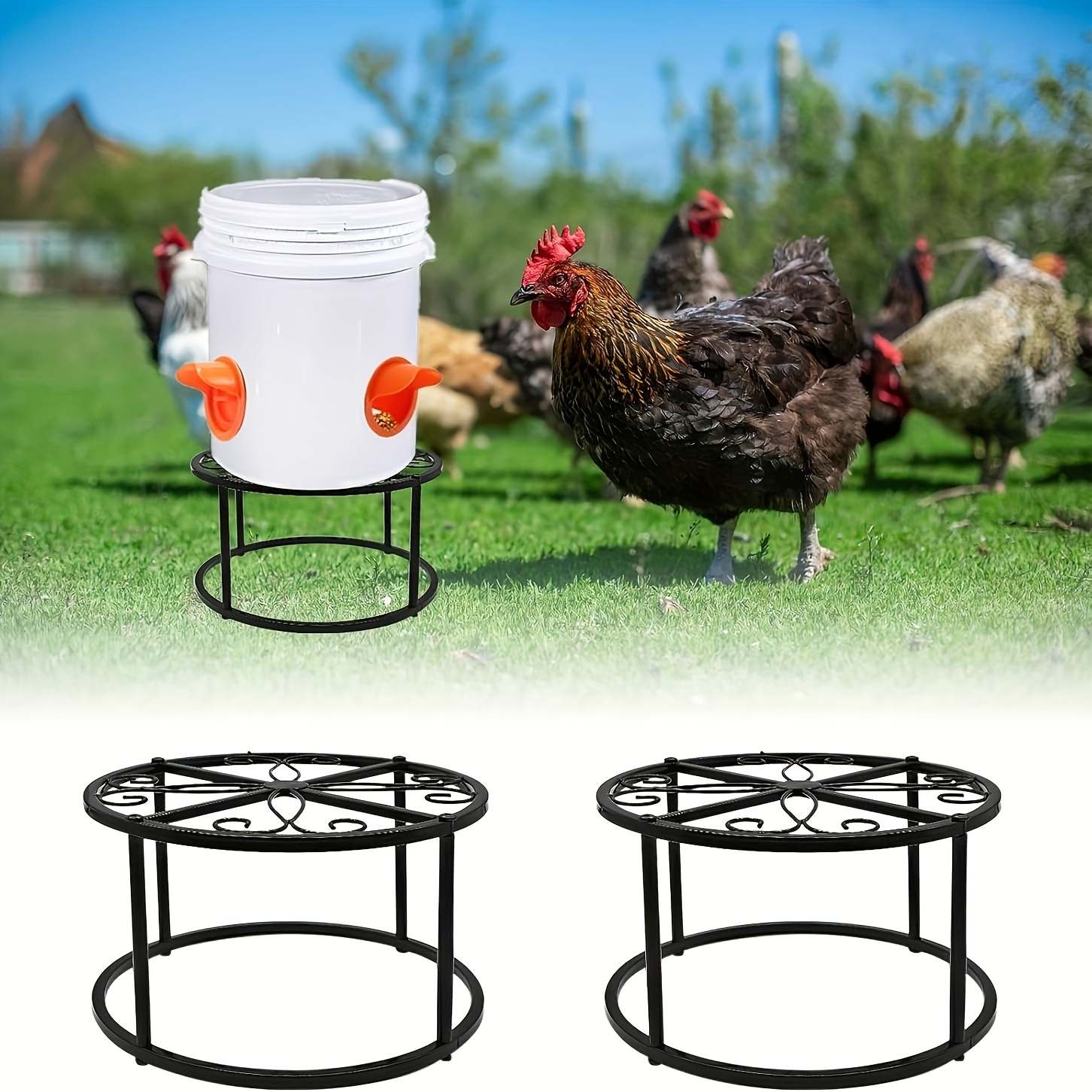 

2 Piece Poultry Feeder Metal Base, Heavy Duty Round Stand, Chicken Coop Accessory With Chicken Connector, Chicken Bucket Holder For Chicken Coops Poultry Indoor Outdoor Cats And Dogs