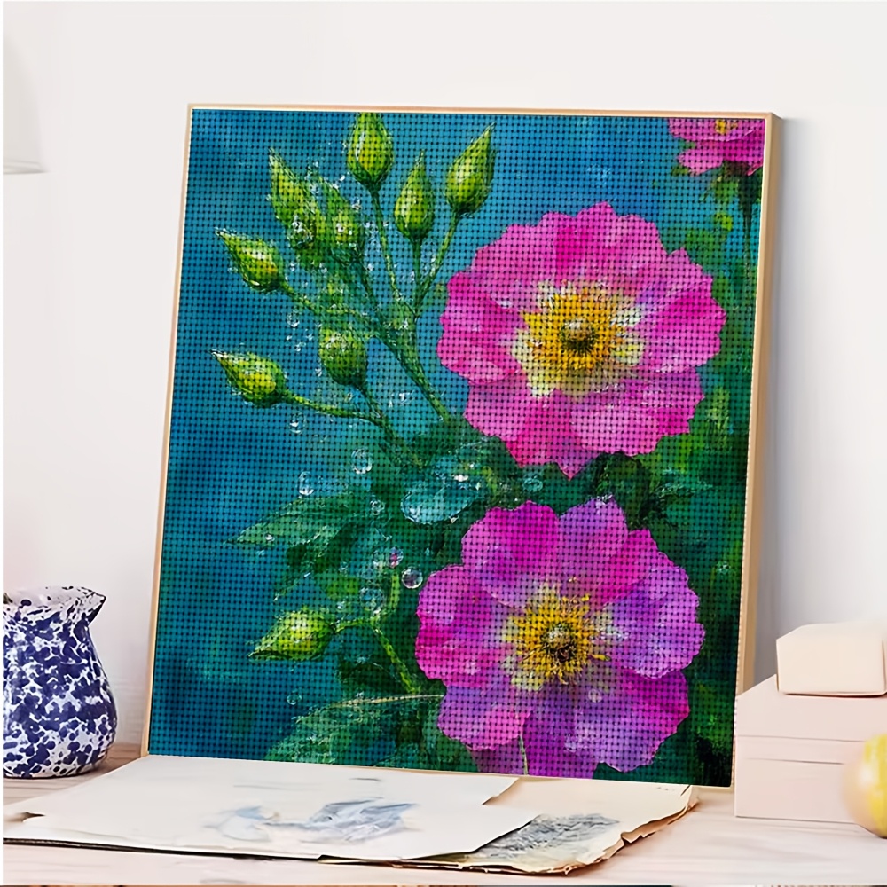 11CT Frameless DIY Cross-Stitch Kit, Pink Flower with Yellow Stamen