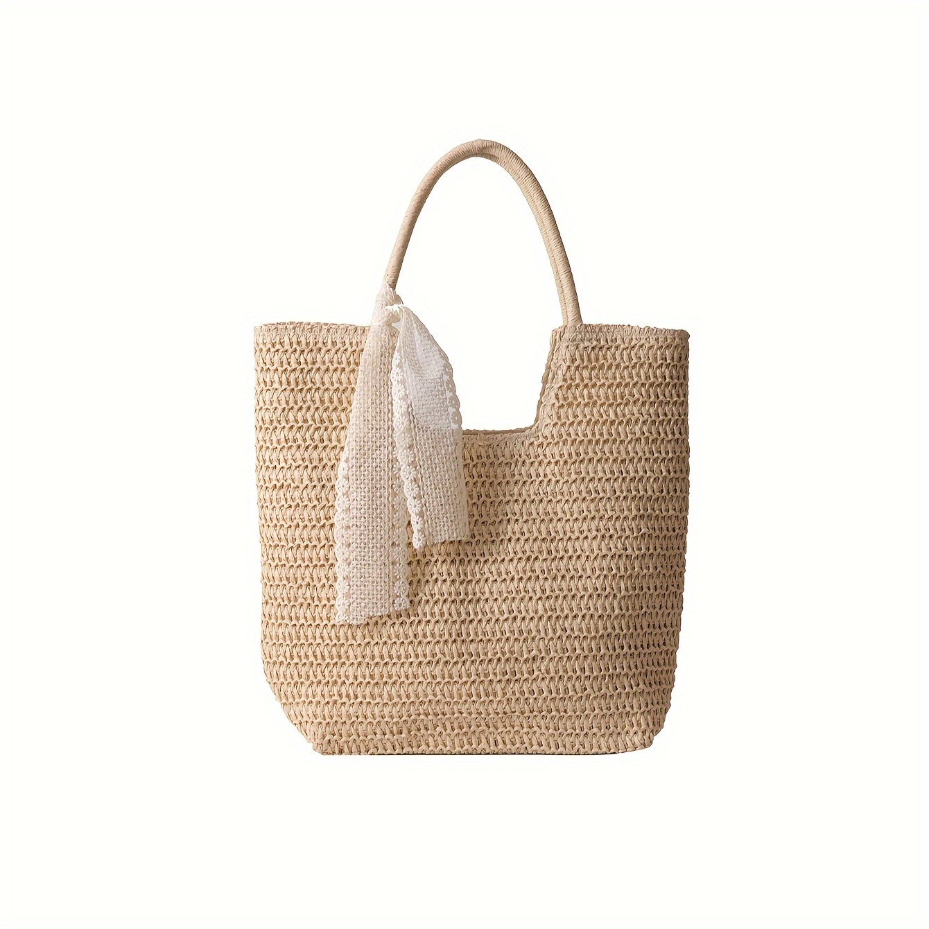 Image of 1pc Fashion Casual Style Large Capacity Decorated Large Braided Paper Decor Zipper Paper Women's Beach Bag, Suitable For Vacation, Outing Casual Shopping And Daily Clothing Matching