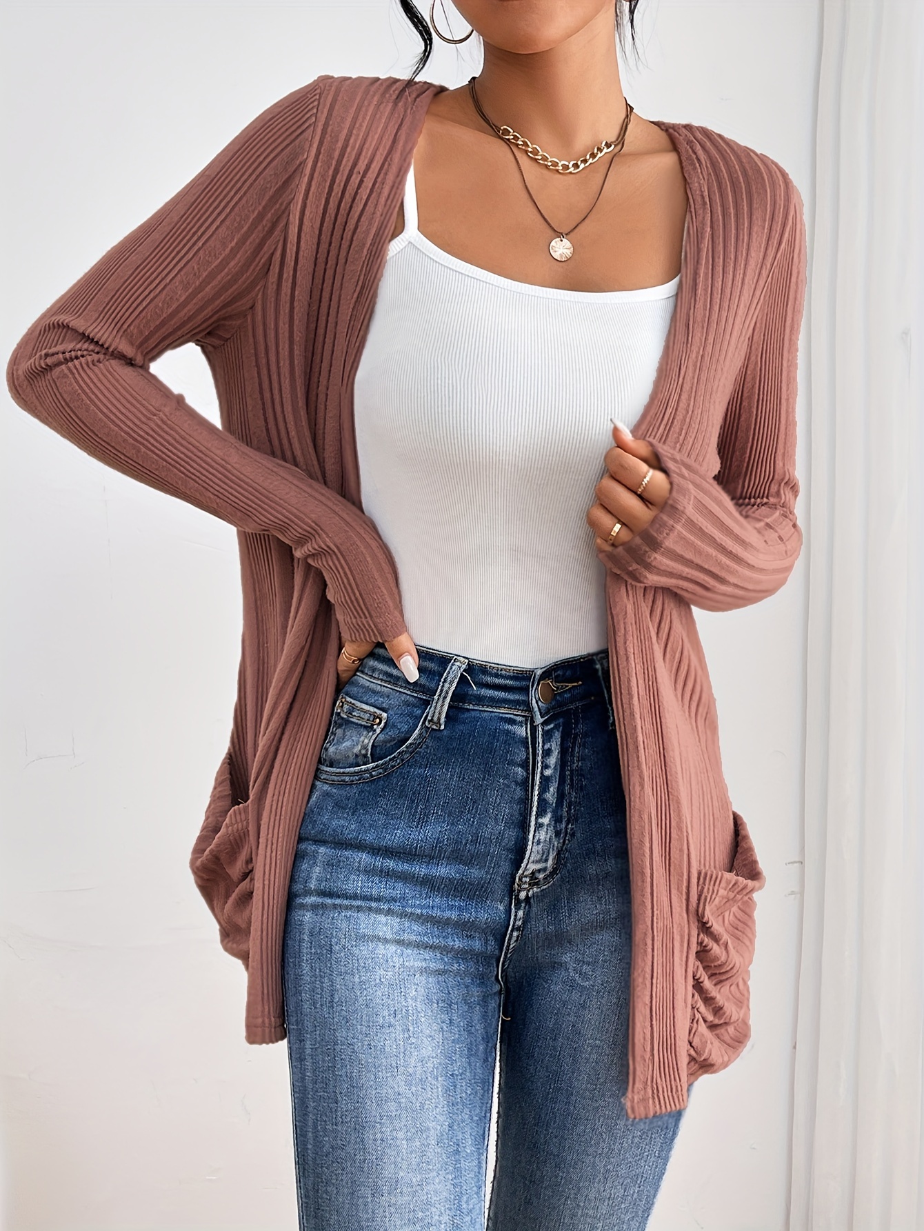 Solid Open Front Rib Knit Cardigan Casual Long Sleeve Slim - Temu