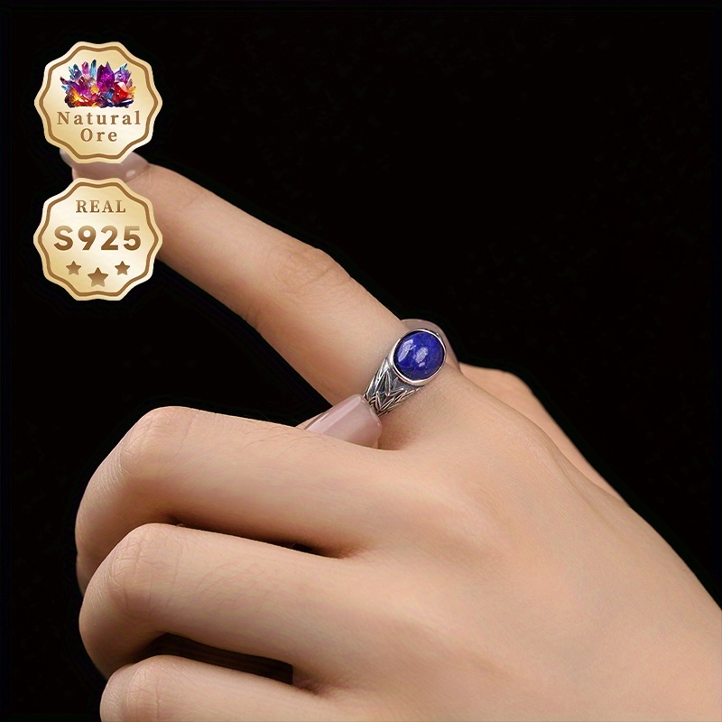Women's 925 Silver Lapis Lazuli Ring, Adjustable Open-End