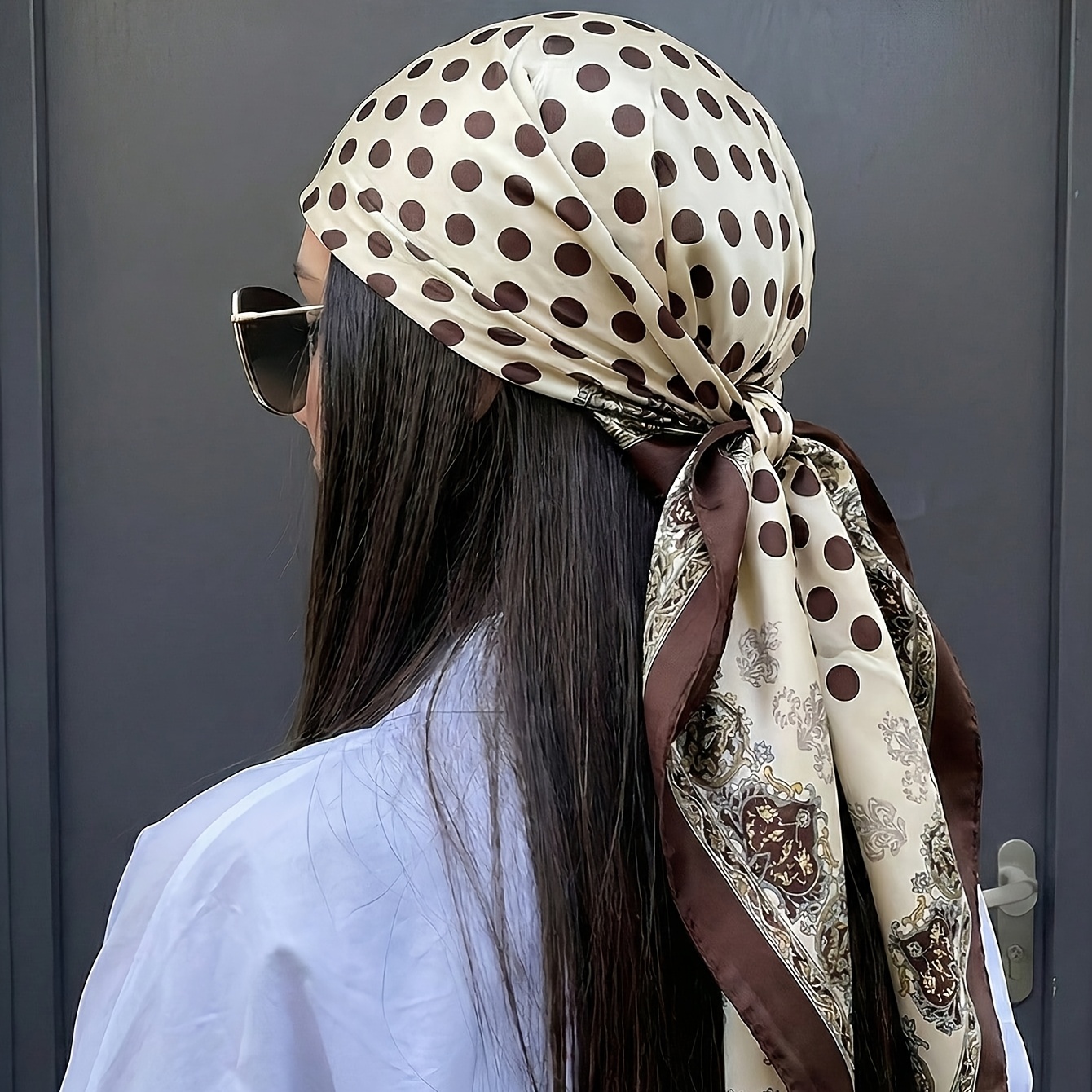 Image of A 90cm European Retro High-end Rice Brown Polka Dot Color Square Scarf, A Versatile Shawl For , Suitable For Commuting, Work, Travel, Photography, And Gift