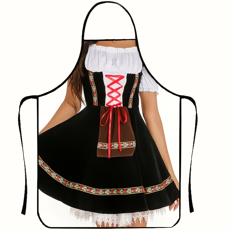 TEMU 1 Women's Beer Dress Print Apron, Dress Elegant Black Oktoberfest Costume With And Lace Sleeves - Square Neck, Fitted Design Waist, Perfect For