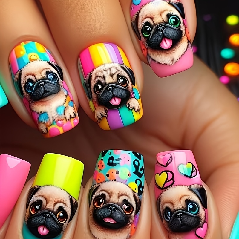 TEMU Ensemble de 24 faux ongles à coller, jaune noir violet et autres couleurs, avec motif de chien de Saint-, ongles en tube brillants de longueur