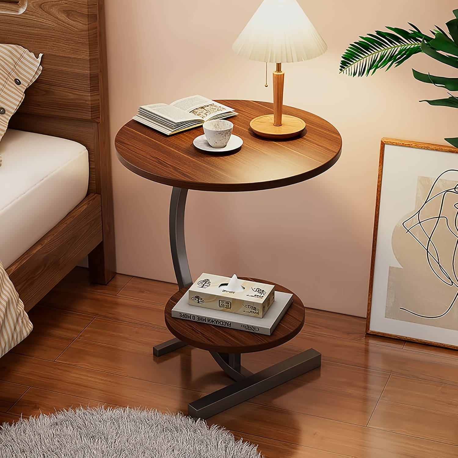 Image of Double-layer Round Side Table, Small Side Table/bedside Table/coffee Table, Design, Metal Frame, Storage, Suitable For Living Room, Foyer, Bedroom