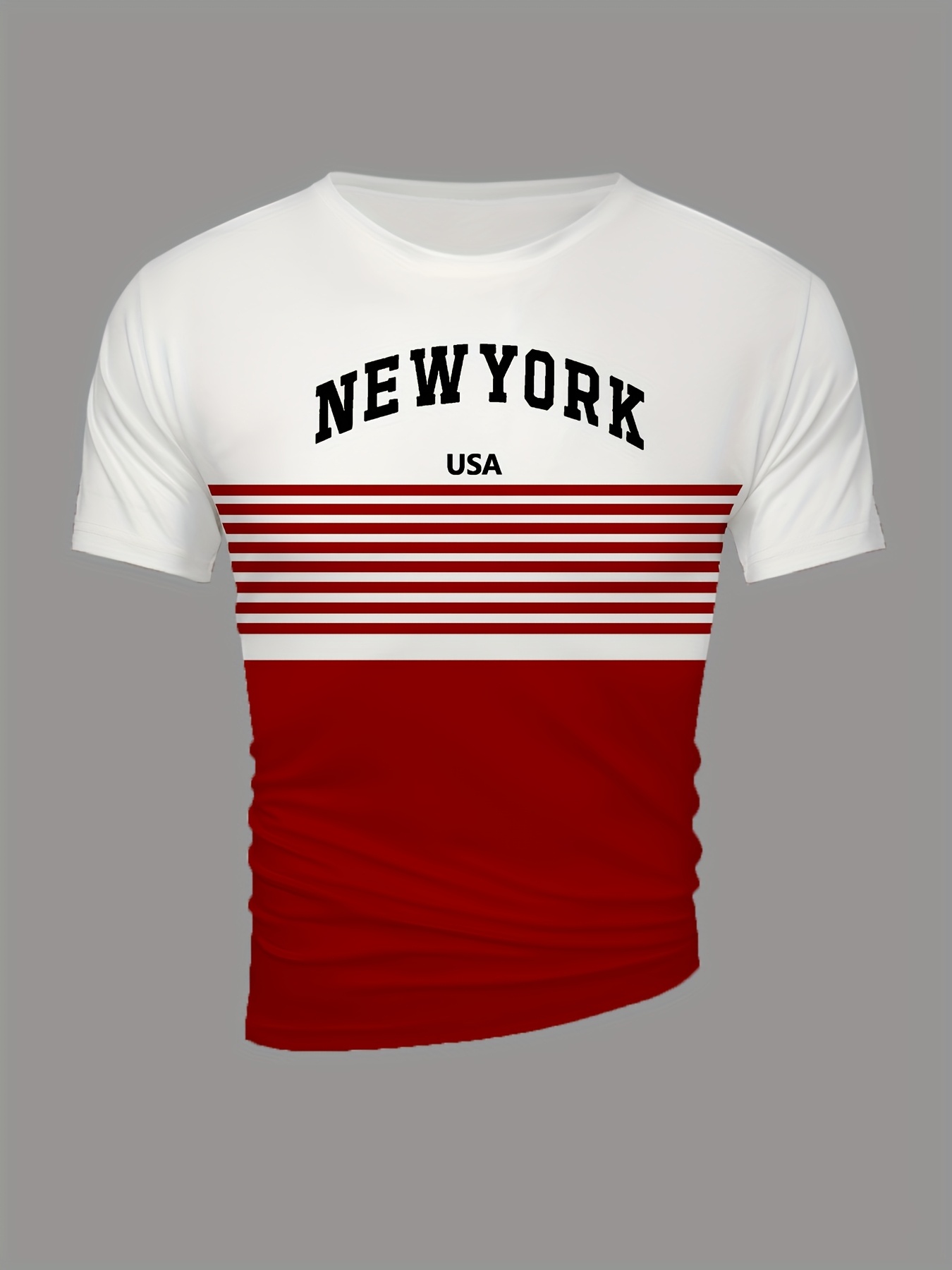 Men's New York USA 3D Print Striped T-Shirt - Casual Summer Sportswear, Oversized Red and White Short Sleeve Tee with Asymmetrical Stripes