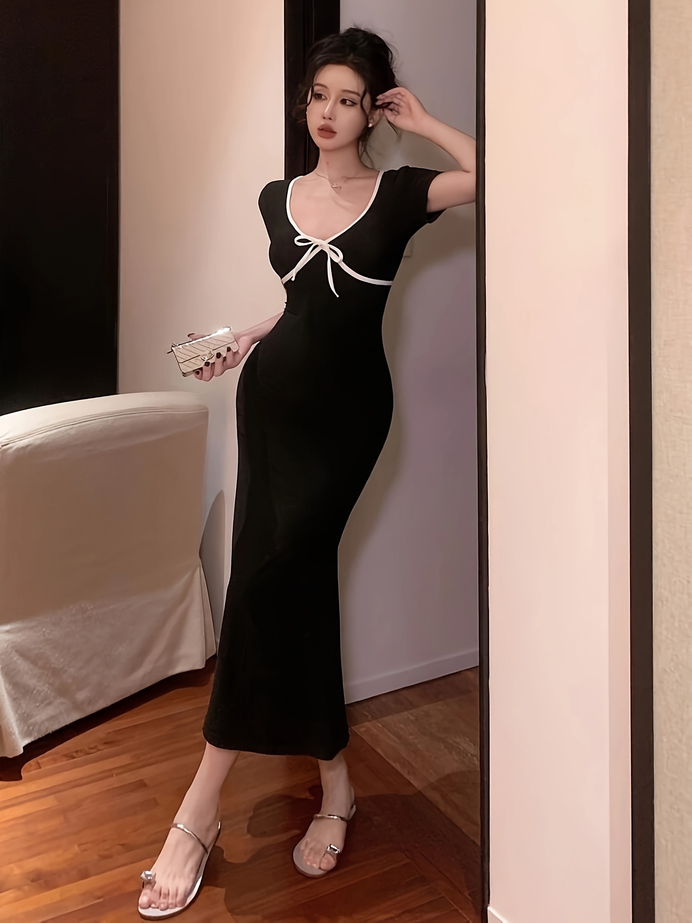 open lace back dress Women's Solid Deep V-Neck Peplum Maxi Dress | Color: Black main image 0