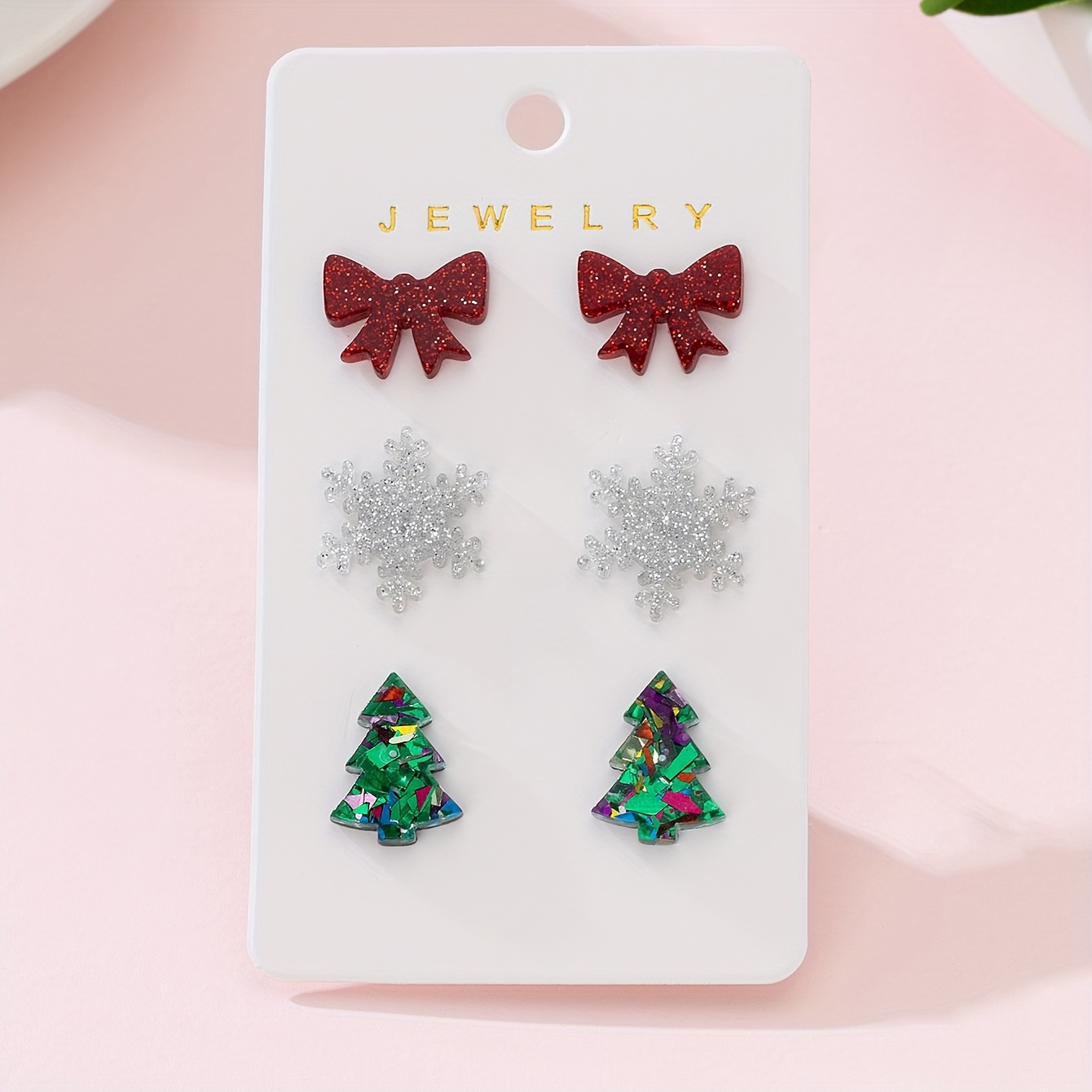 TEMU 3 Pairs Christmas Tree, Snowflake, Bow Elements Women's Fashion Stud Earrings, Suitable For Festive Gatherings
