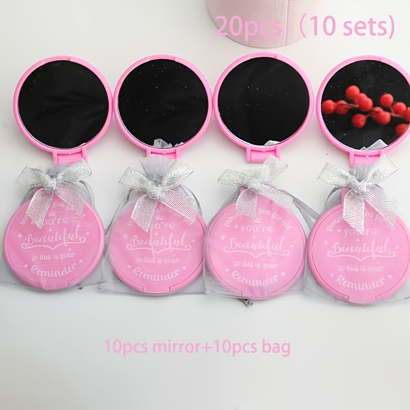 TEMU 20pcs( 10 Sets) Inspirational Compact Mirrors With Gauze Bag - Portable Round Glass Makeup Mirrors, Polished Finish, No Battery Needed, Perfect