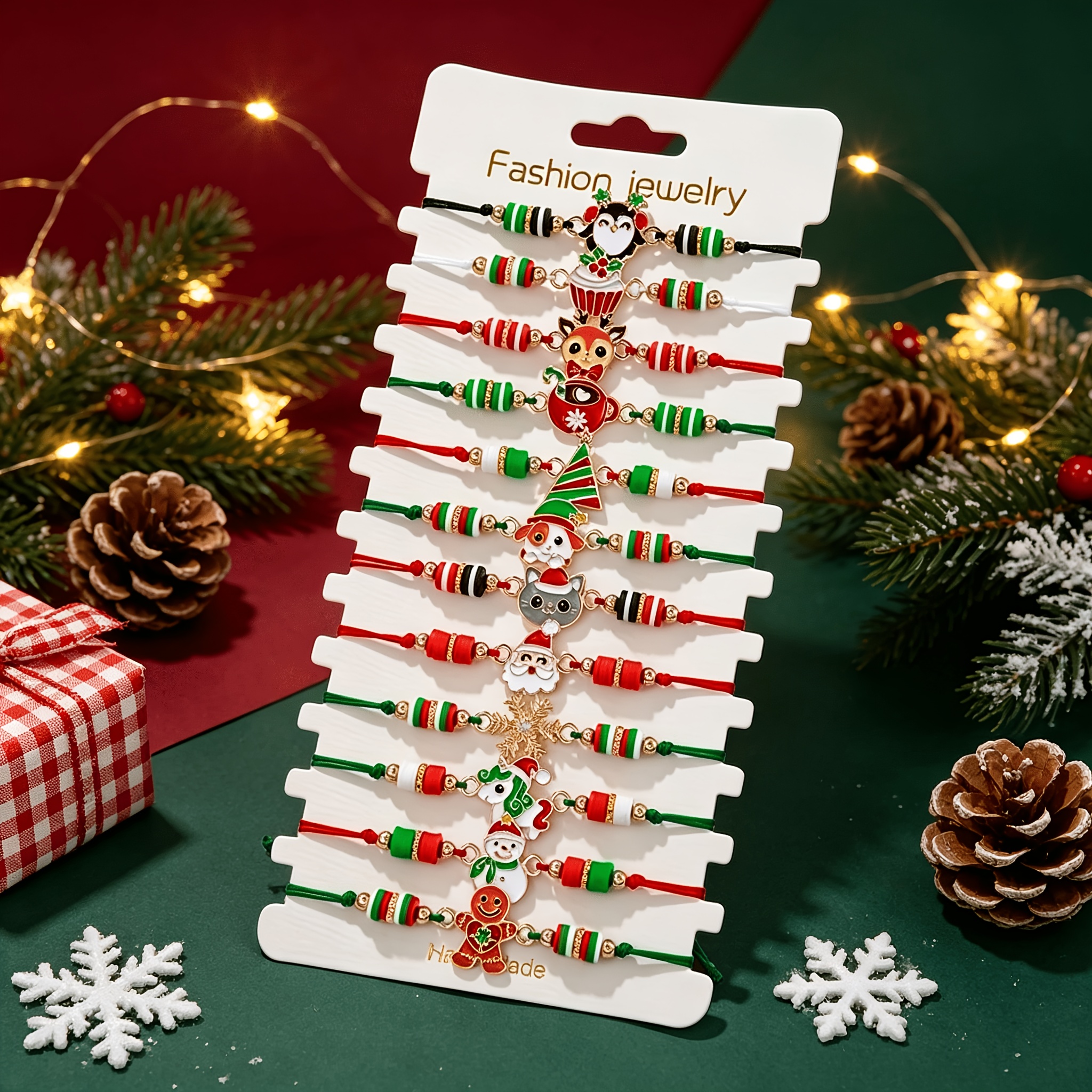 TEMU 12-pack Christmas Enamel Charm Bracelets, Adjustable Pull Cord Braided Friendship Bracelets With Santa, Snowman, Gingerbread Man, Elk Pendants,