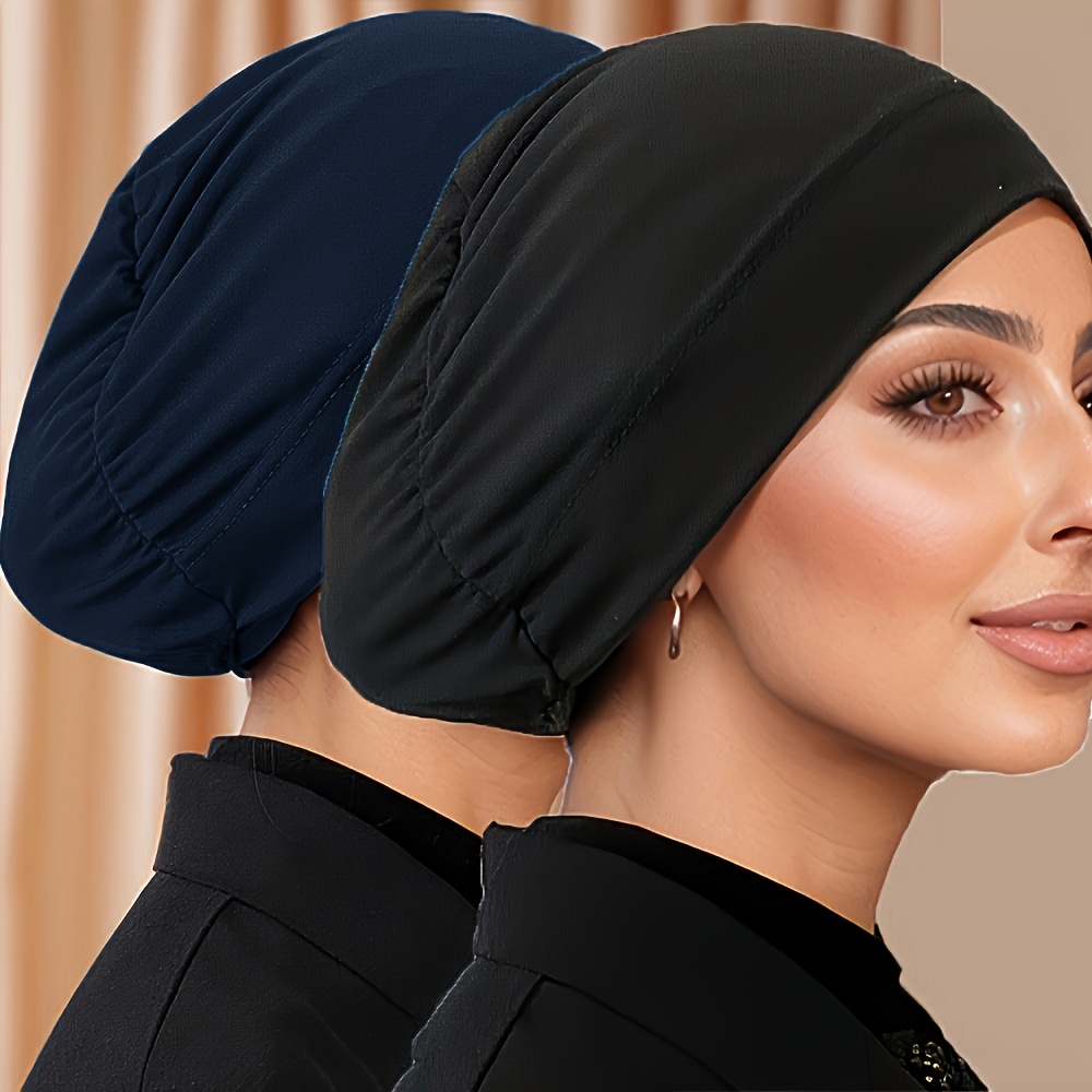 2pcs/Set Solid Color Muslim Headscarf with Closed Back Cap