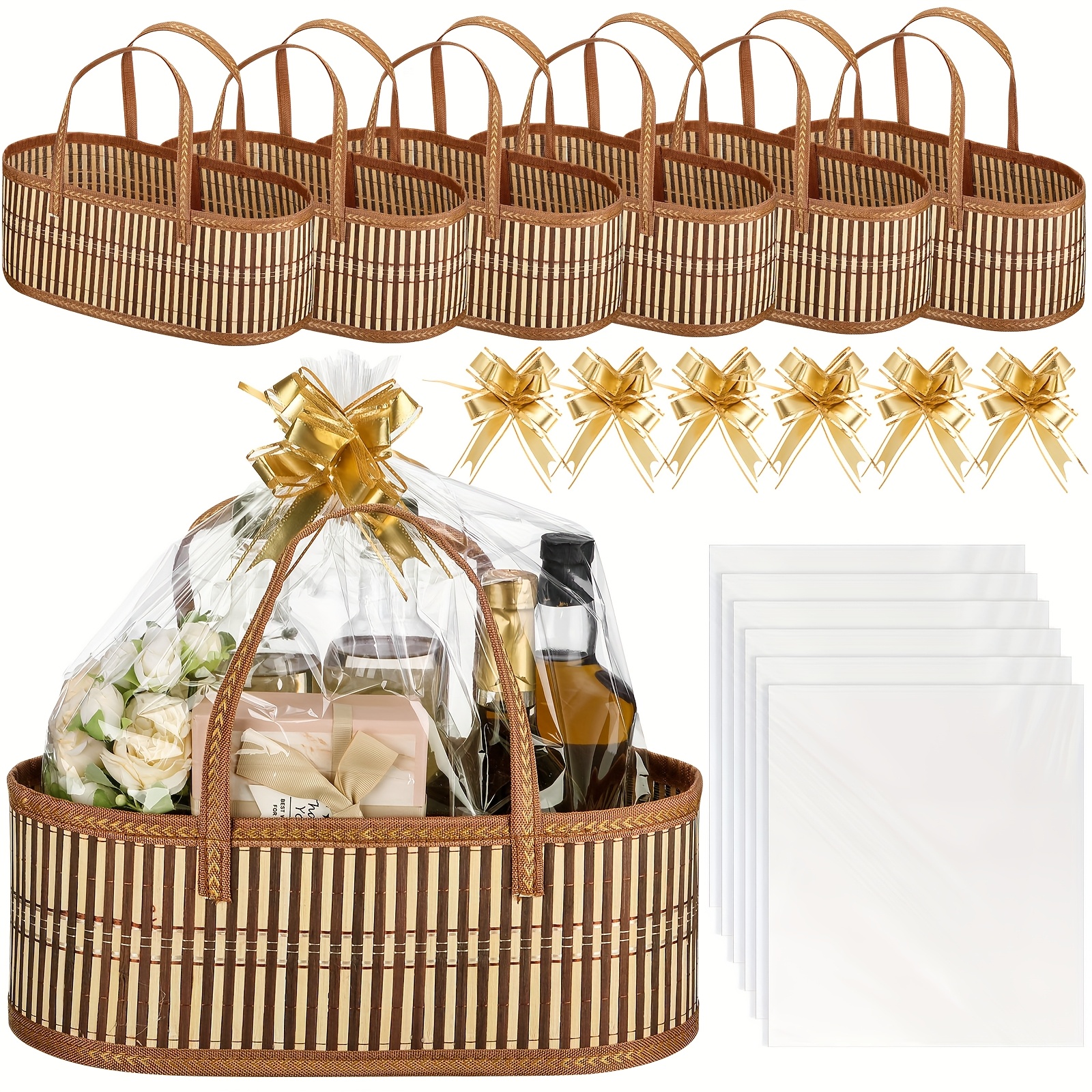 6 Pack Woven Baskets for Gifts Empty Large Bamboo Gift Baskets with Handle Cellophane Wrap Bag And Pull Flower Ribbon Sturdy Foldable Gift Packages for Birthday Wedding Favor Wrapping