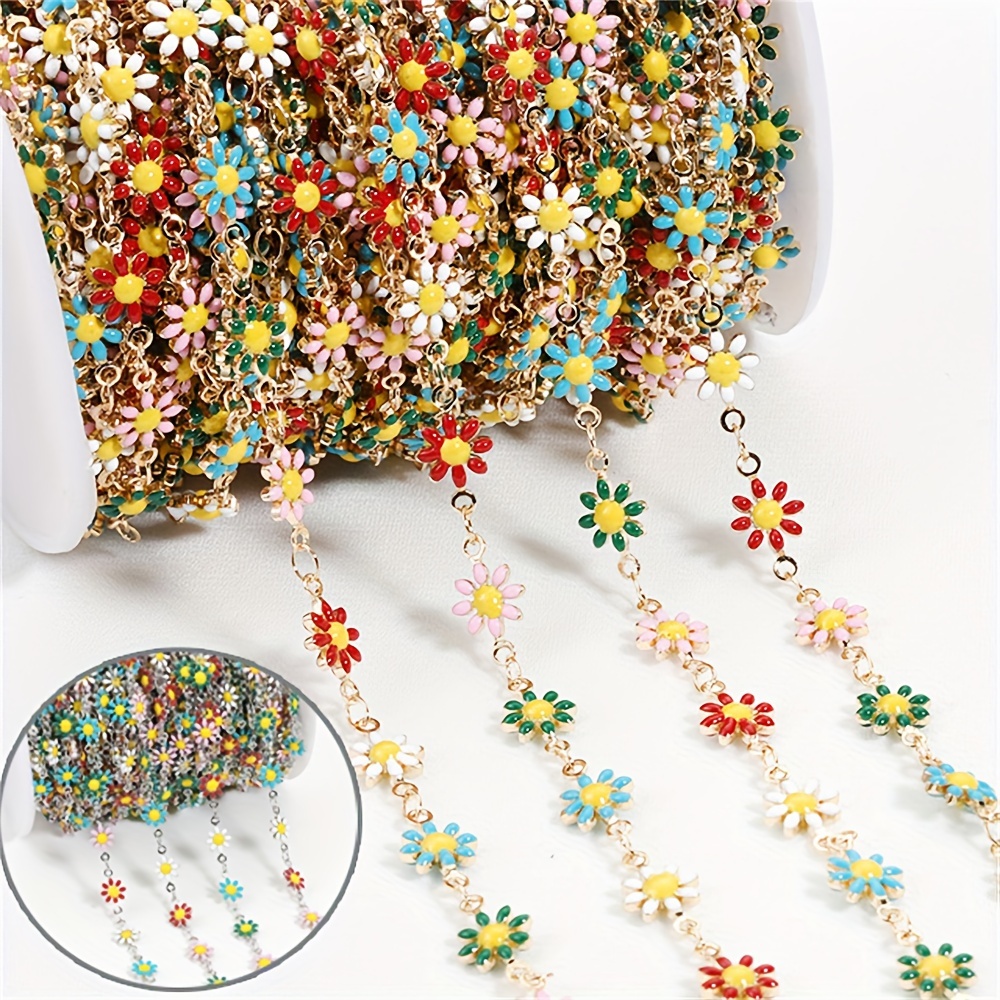 

2 Meters/78.74inch Stainless Steel Link Chain, Colorful Enamel Daisy Flower Beaded Unwelded Link Chains For Necklace Bracelet Diy Jewelry Making Supplies, Golden+silvery