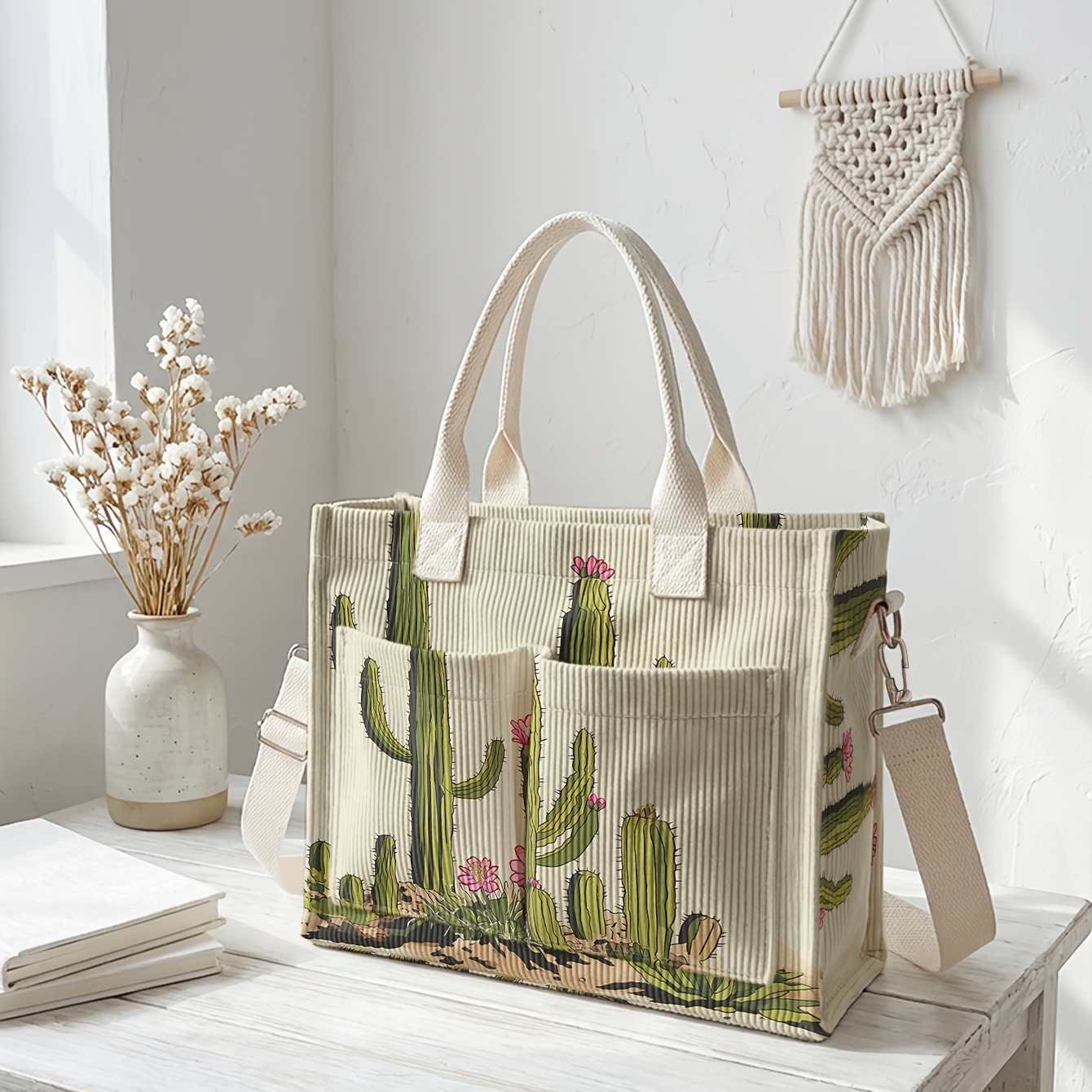 1 pieza, Bolso bandolera para mujer, Estampado floral de cactus 2D, Pana con múltiples bolsillos, Bolso de doble uso de mano/bandolera | Esencial para desplazamientos diarios/salidas de compras/estudiantes/trabajadores/entusiastas del estilo | Tu estilo personal único