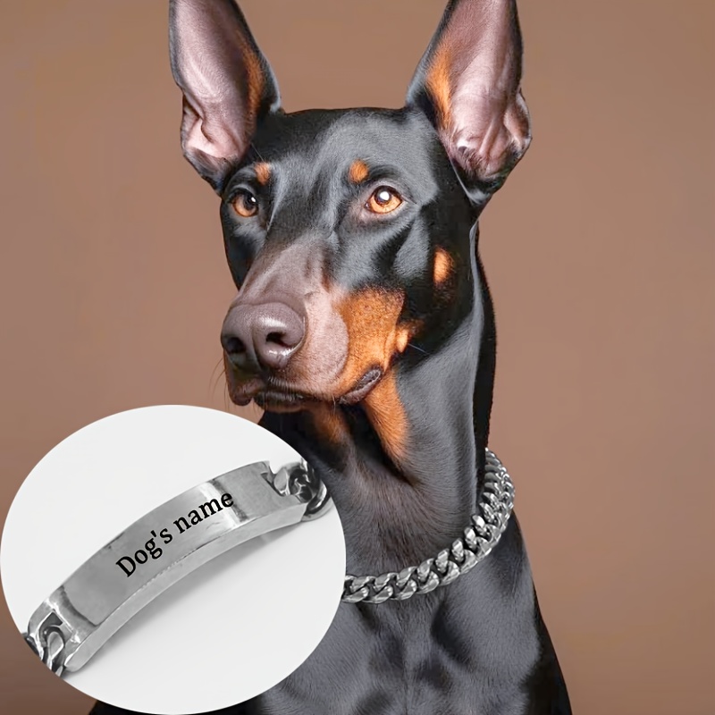 TEMU Custom 15mm Stainless Steel Cuban Chain Dog Collar - Bite-resistant, Adjustable Pet Necklace With A Customizable Engraved Id Tag, Suitable For