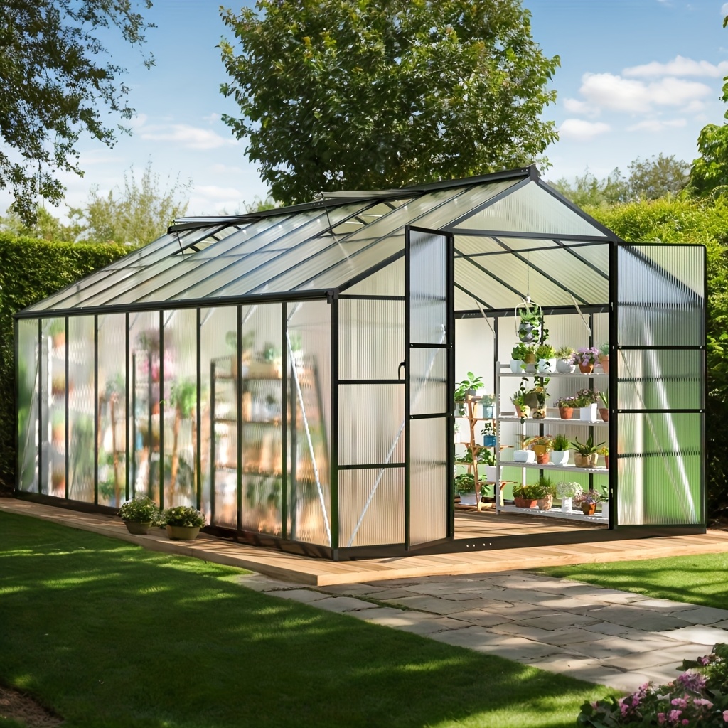   outdoor polycarbonate garden house walk   with strong aluminum frame quick setup roof ventilation and all year round protection ideal for backyard gardening and greenhouse use to help plants    